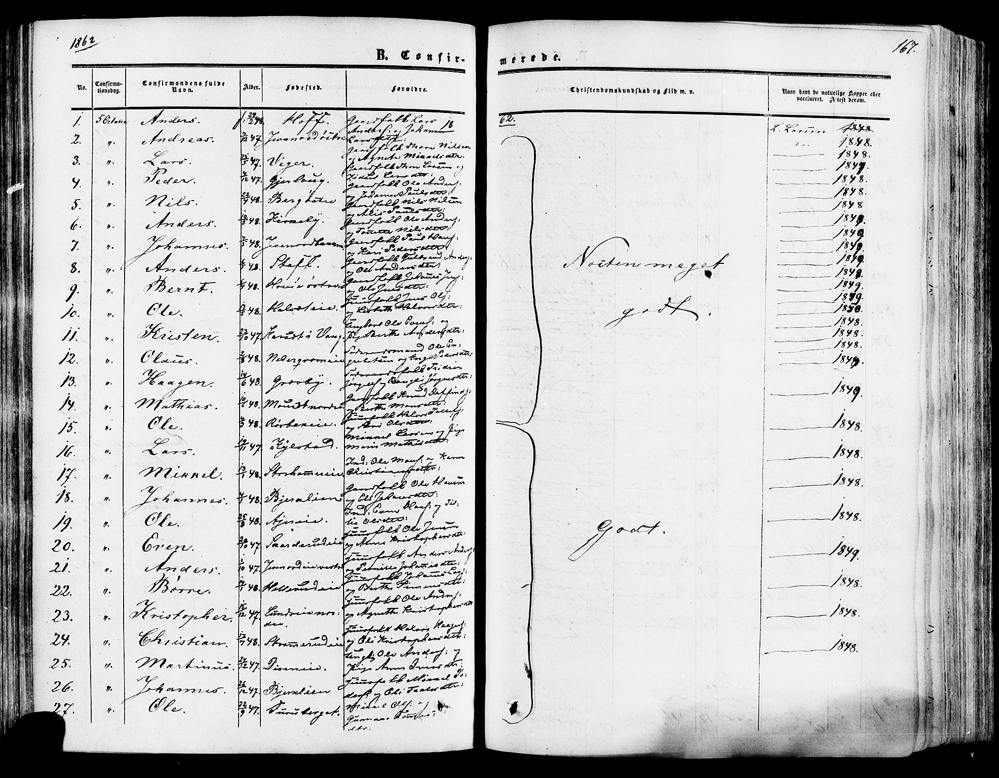 Vang prestekontor, Hedmark, SAH/PREST-008/H/Ha/Haa/L0013: Parish register (official) no. 13, 1855-1879, p. 167