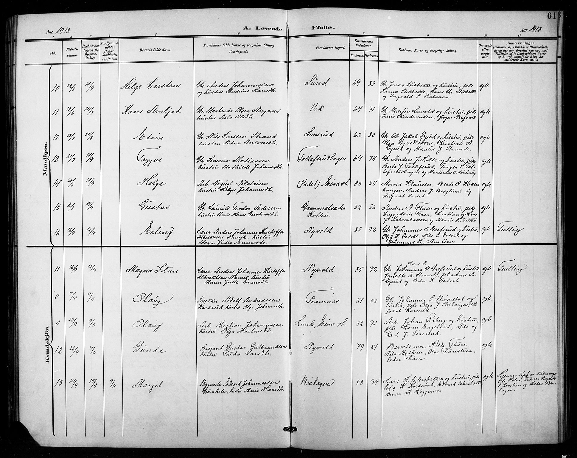 Vestre Toten prestekontor, AV/SAH-PREST-108/H/Ha/Hab/L0016: Parish register (copy) no. 16, 1901-1915, p. 61
