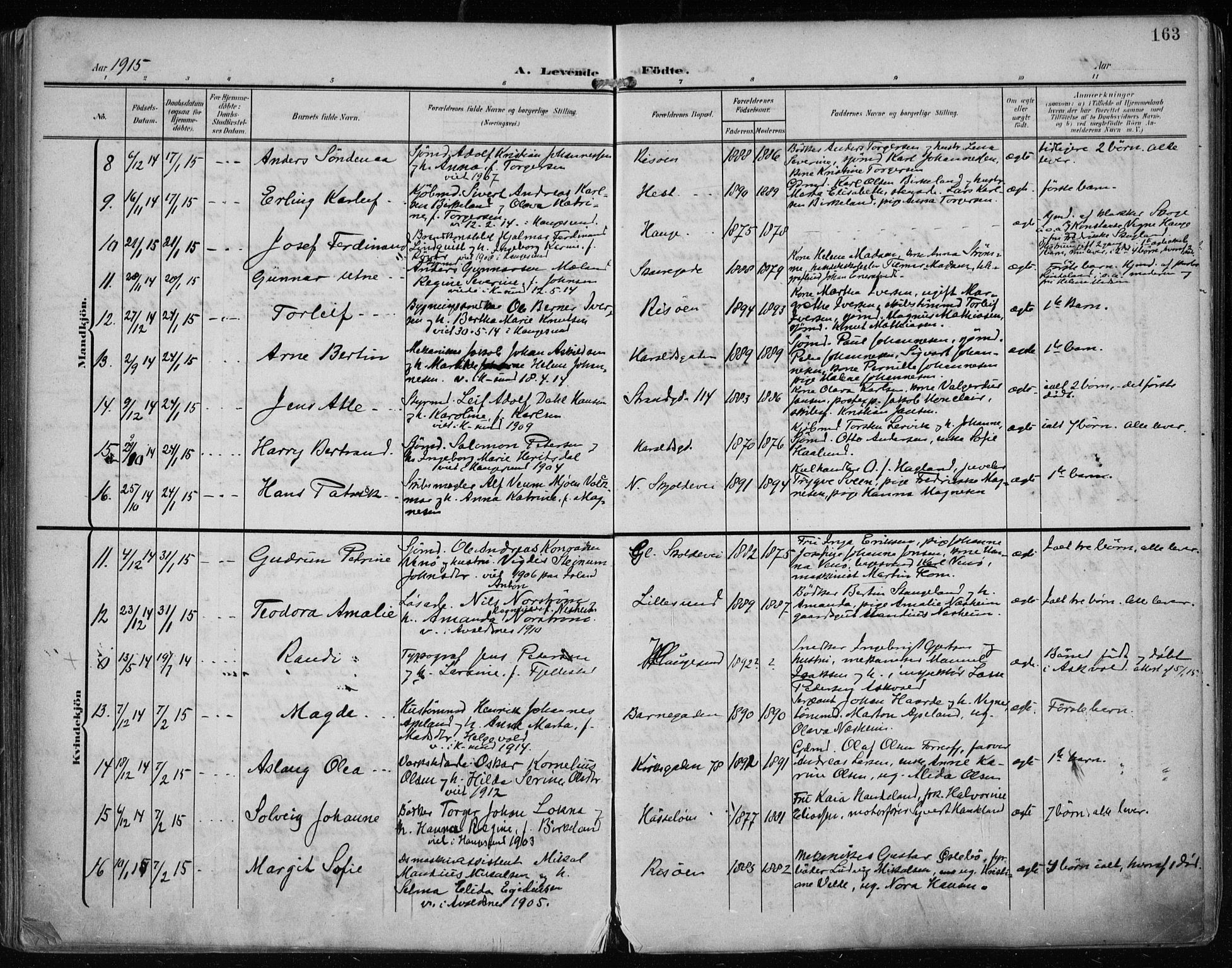 Haugesund sokneprestkontor, AV/SAST-A -101863/H/Ha/Haa/L0008: Parish register (official) no. A 8, 1908-1921, p. 163