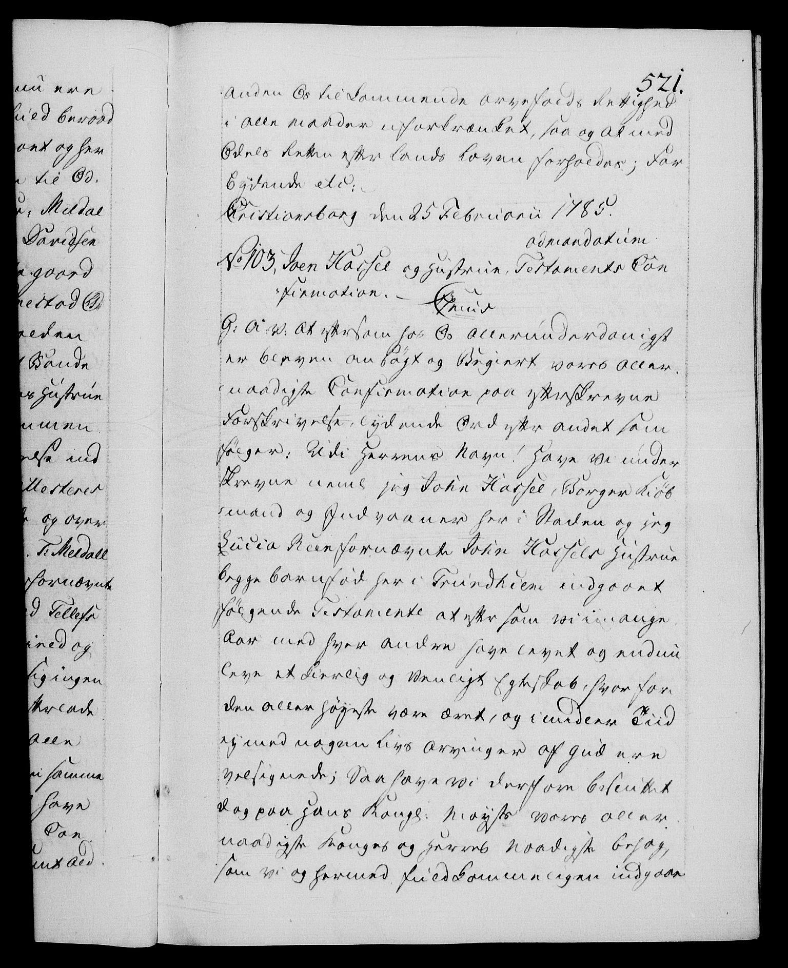 Danske Kanselli 1572-1799, AV/RA-EA-3023/F/Fc/Fca/Fcaa/L0050: Norske registre, 1784-1785, p. 521a