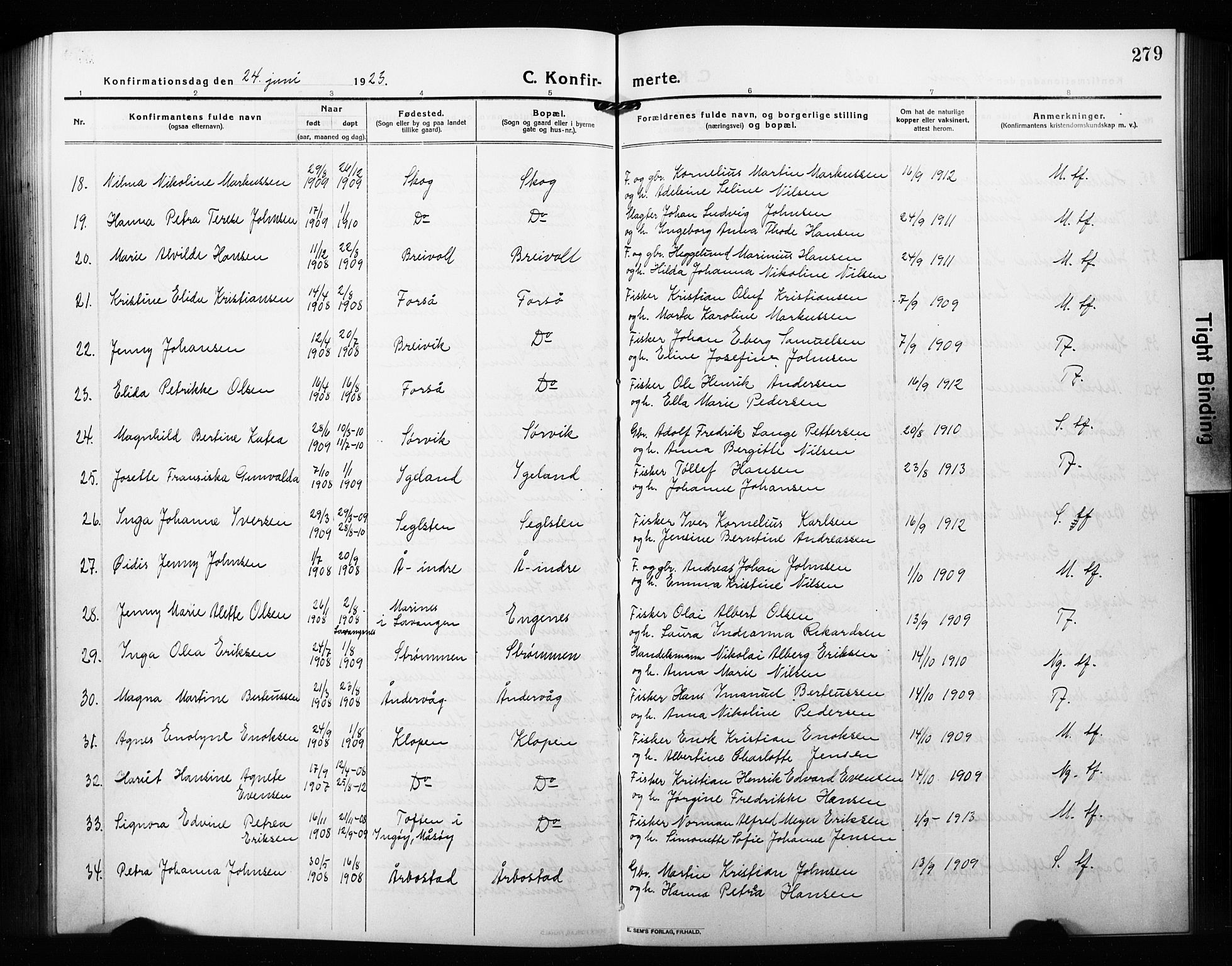 Ibestad sokneprestembete, AV/SATØ-S-0077/H/Ha/Hab/L0010klokker: Parish register (copy) no. 10, 1915-1929, p. 279