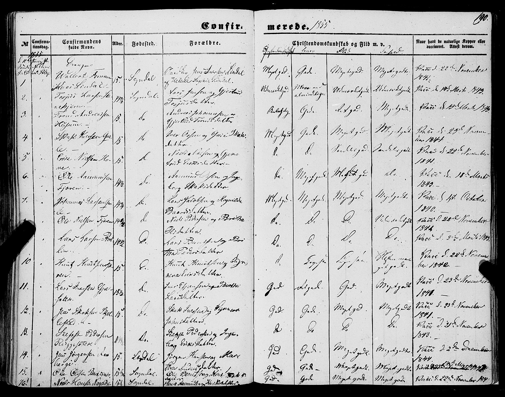 Sogndal sokneprestembete, AV/SAB-A-81301/H/Haa/Haaa/L0012I: Parish register (official) no. A 12I, 1847-1859, p. 190