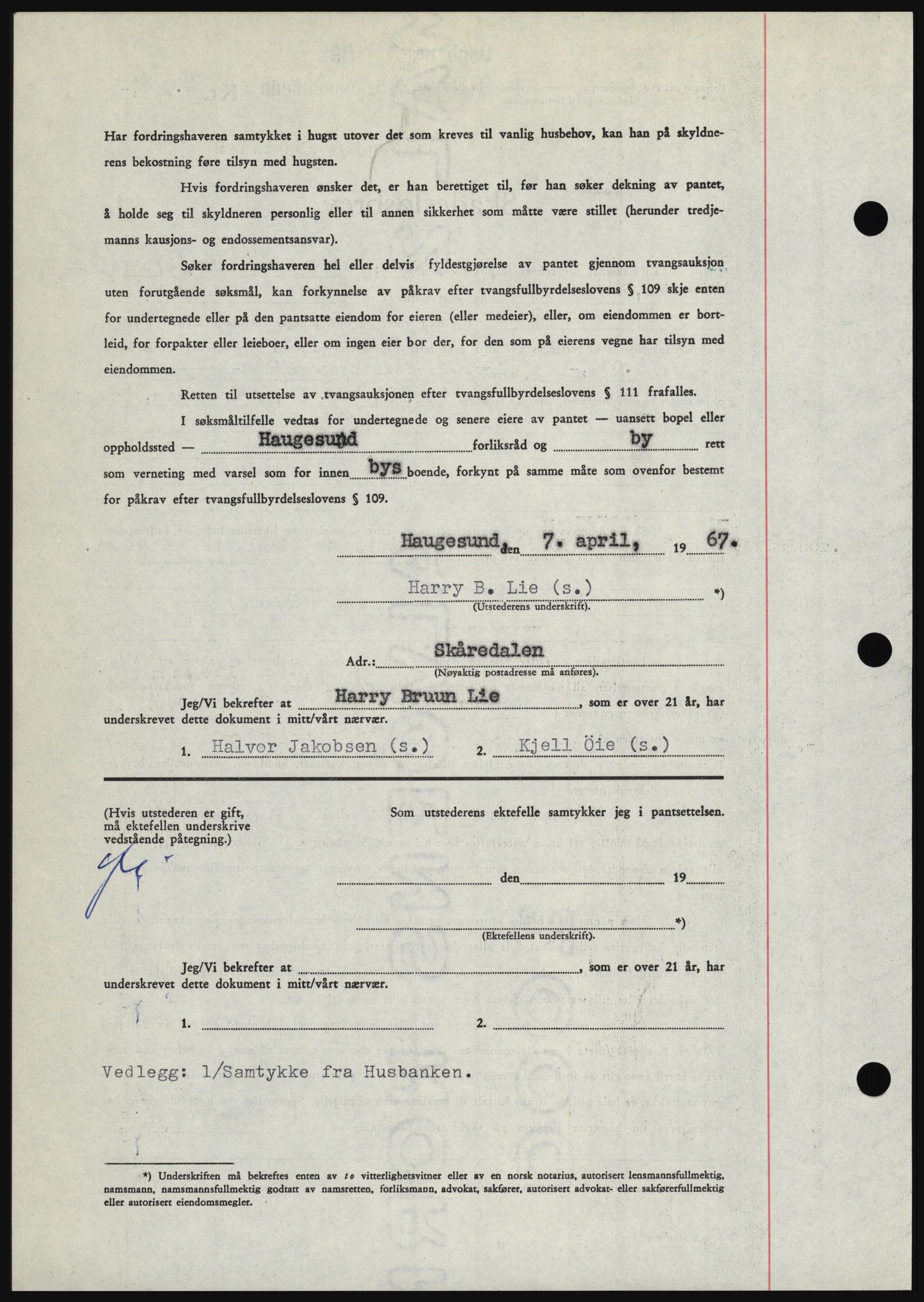 Haugesund tingrett, SAST/A-101415/01/II/IIC/L0056: Mortgage book no. B 56, 1966-1967, Diary no: : 865/1967