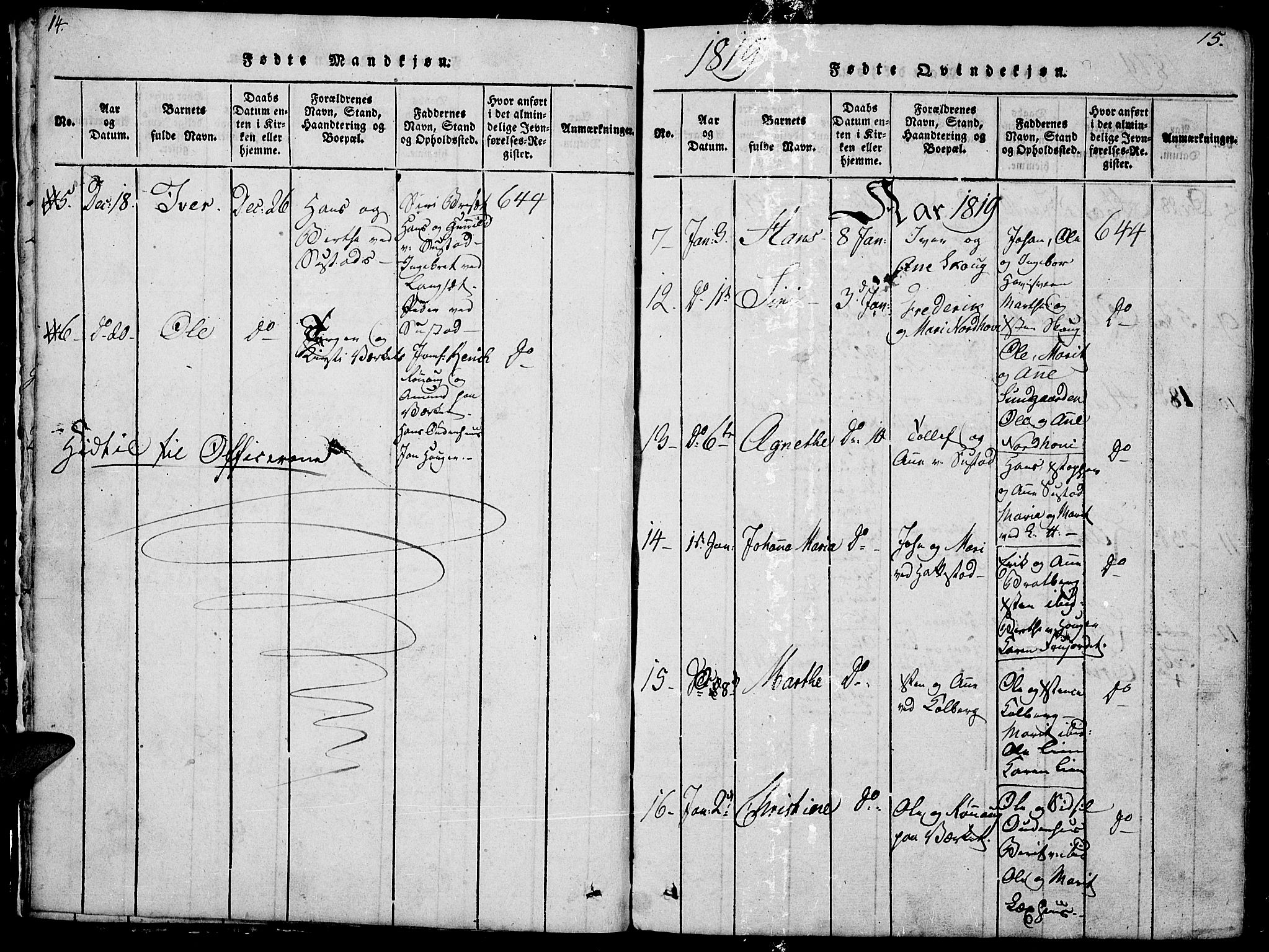 Fåberg prestekontor, SAH/PREST-086/H/Ha/Hab/L0004: Parish register (copy) no. 4, 1818-1837, p. 14-15
