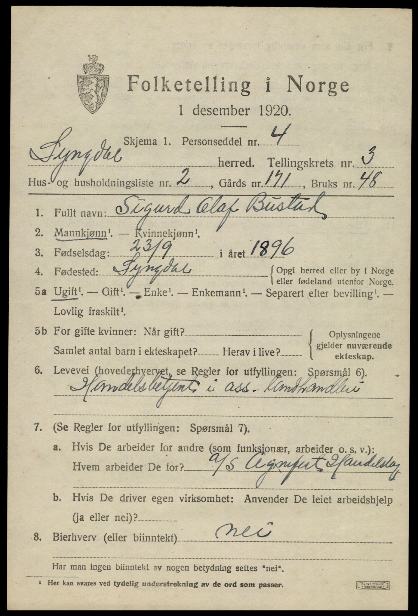 SAK, 1920 census for Lyngdal, 1920, p. 1925