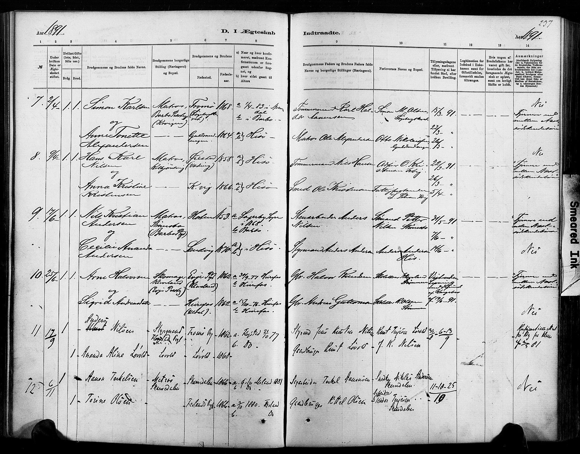 Hisøy sokneprestkontor, AV/SAK-1111-0020/F/Fa/L0003: Parish register (official) no. A 3, 1881-1894, p. 237