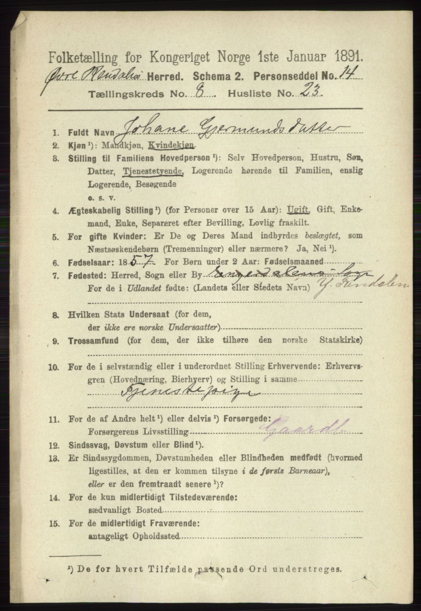 RA, 1891 census for 0433 Øvre Rendal, 1891, p. 2164