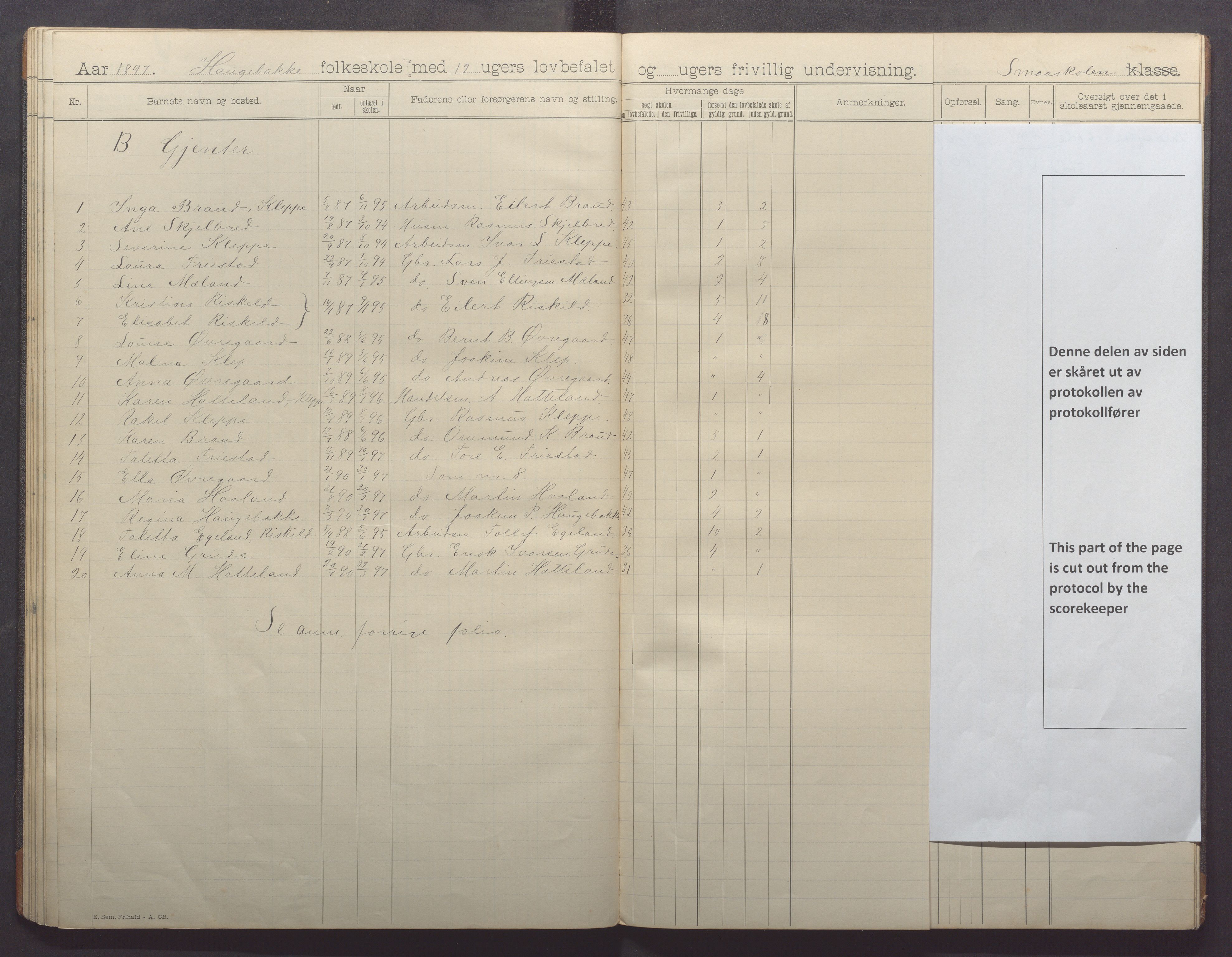 Klepp kommune - Haugebakke skule, IKAR/K-100292/H/L0002: Skoleprotokoll, 1892-1898, p. 39