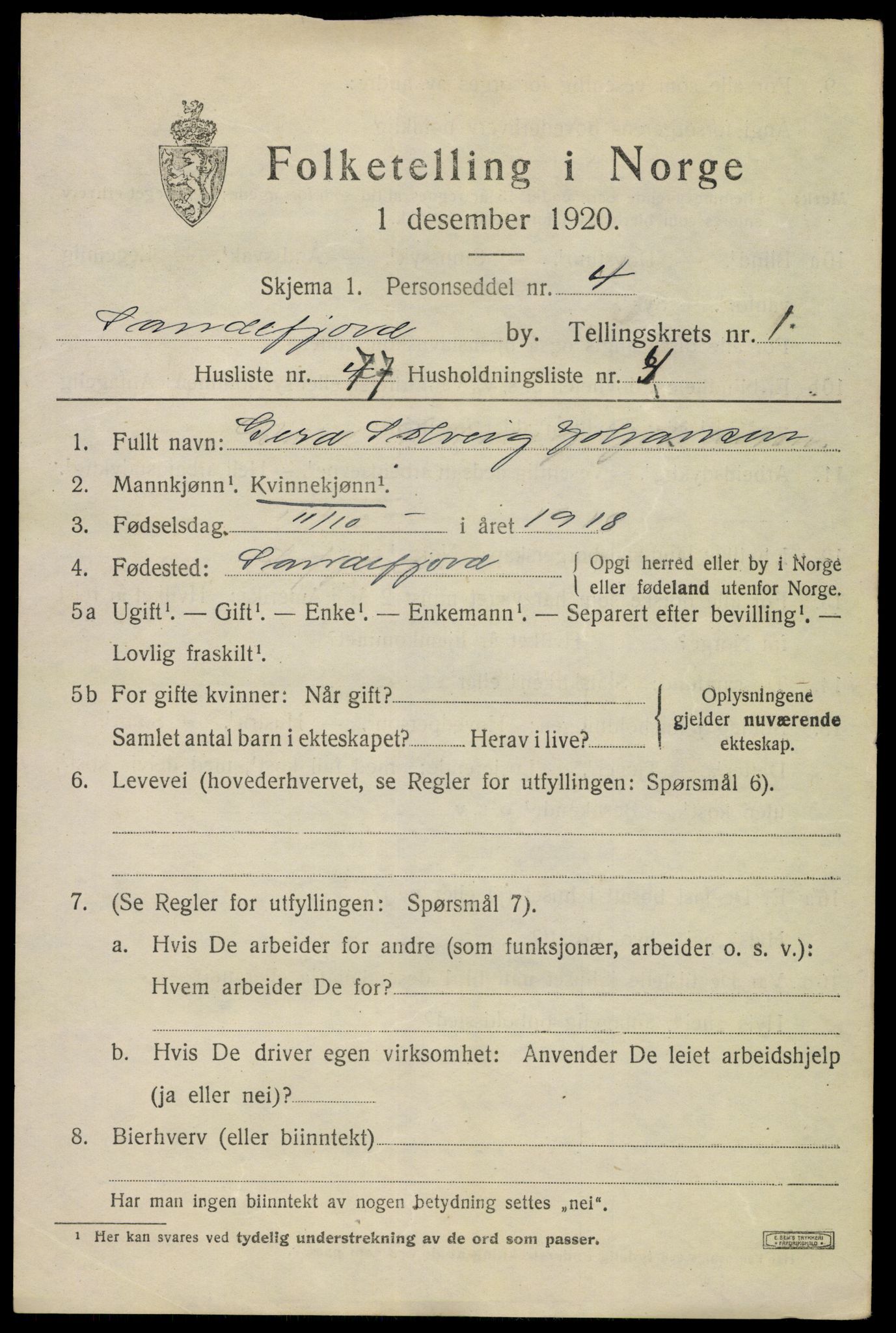 SAKO, 1920 census for Sandefjord, 1920, p. 5414