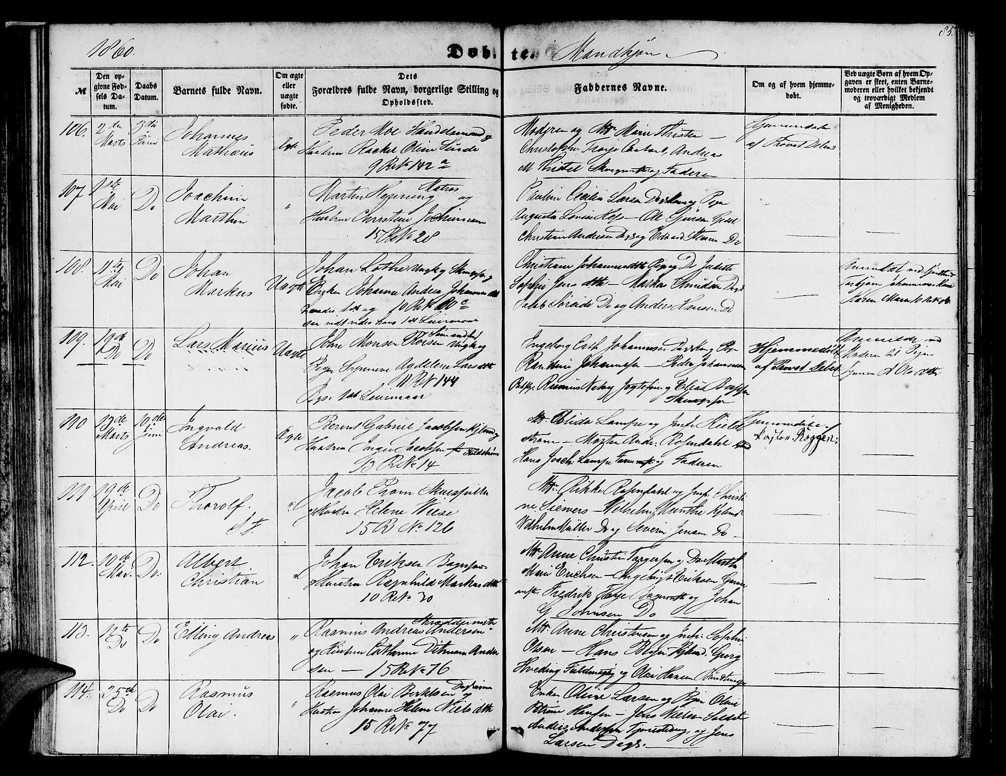 Domkirken sokneprestembete, SAB/A-74801/H/Hab/L0011: Parish register (copy) no. B 4, 1856-1862, p. 85
