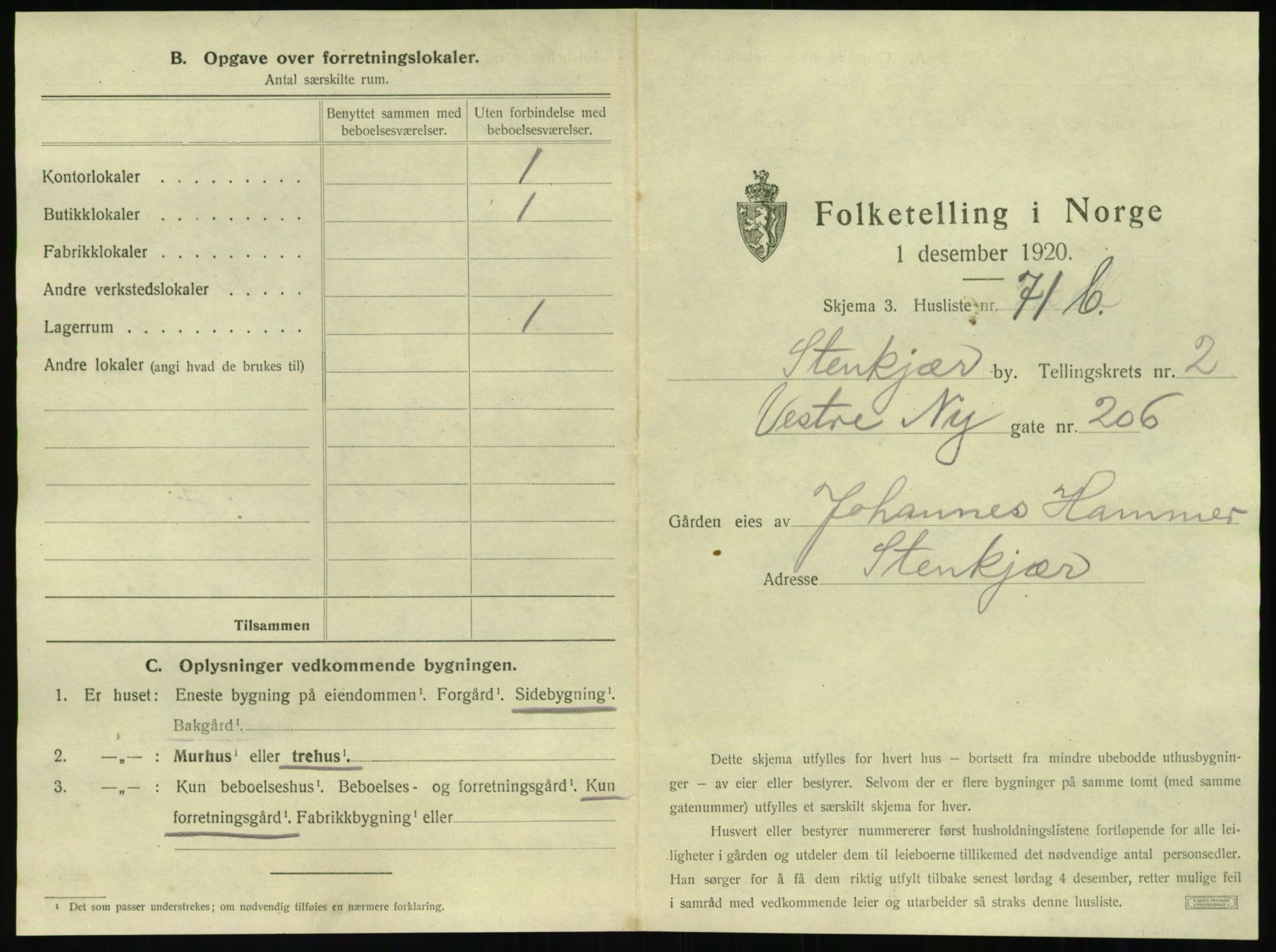 SAT, 1920 census for Steinkjer, 1920, p. 414