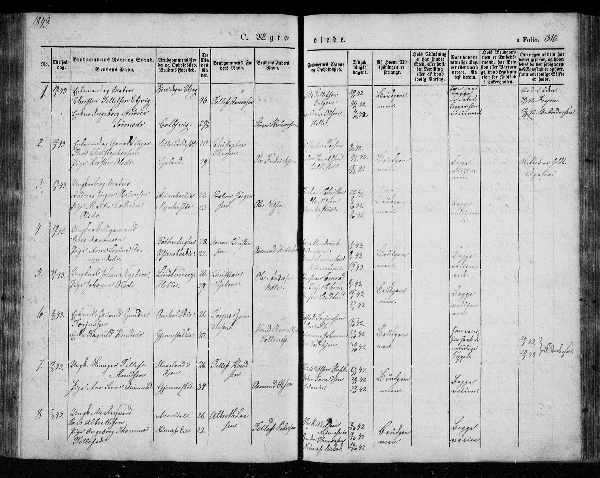 Øyestad sokneprestkontor, SAK/1111-0049/F/Fa/L0014: Parish register (official) no. A 14, 1843-1856, p. 310