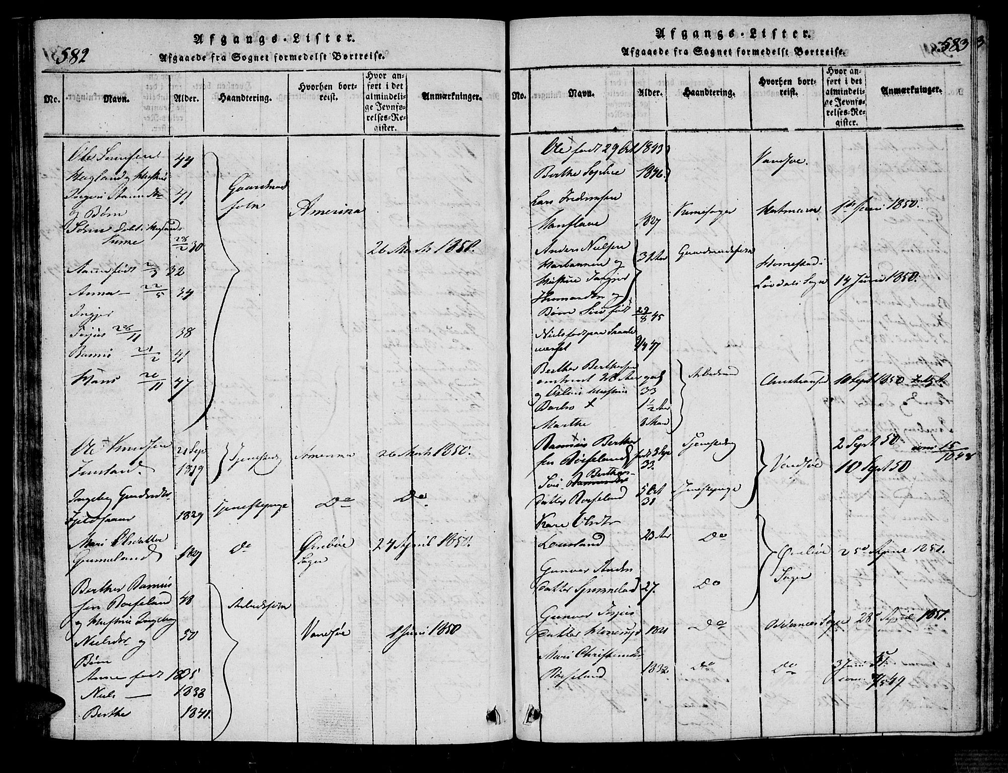 Bjelland sokneprestkontor, AV/SAK-1111-0005/F/Fa/Fab/L0002: Parish register (official) no. A 2, 1816-1869, p. 582-583