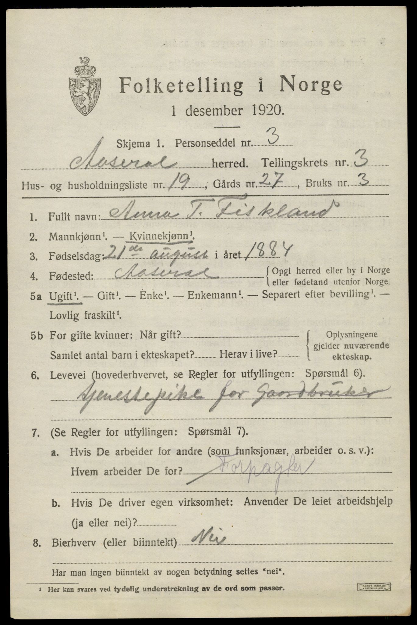 SAK, 1920 census for Åseral, 1920, p. 1176