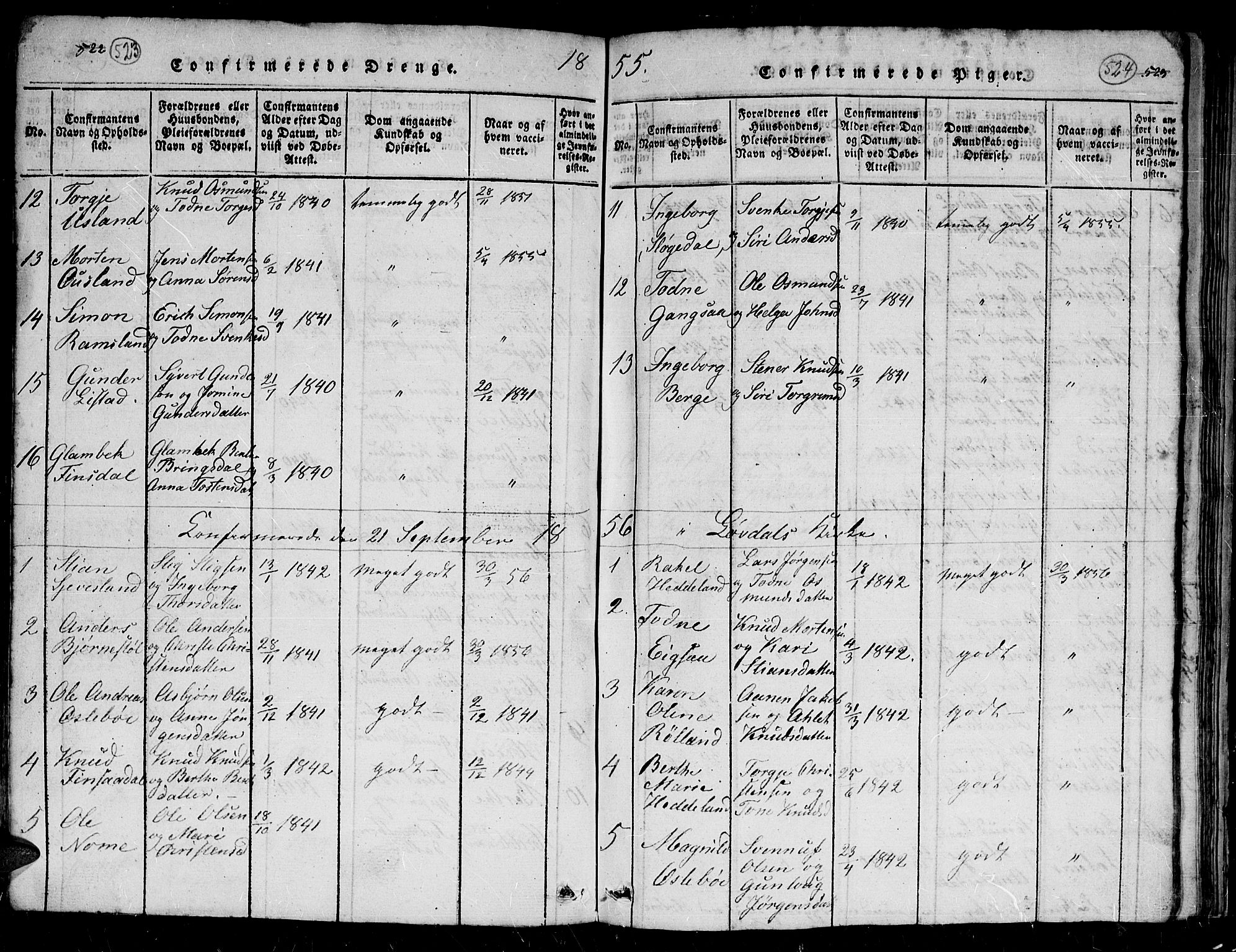 Holum sokneprestkontor, AV/SAK-1111-0022/F/Fb/Fbc/L0001: Parish register (copy) no. B 1, 1820-1859, p. 523-524