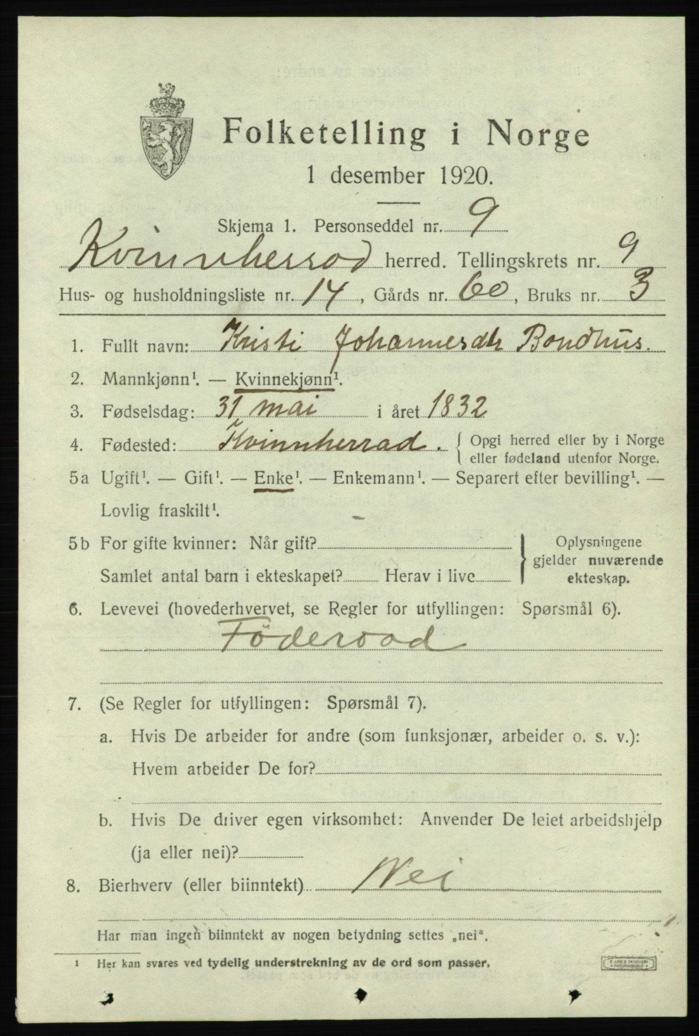 SAB, 1920 census for Kvinnherad, 1920, p. 6892