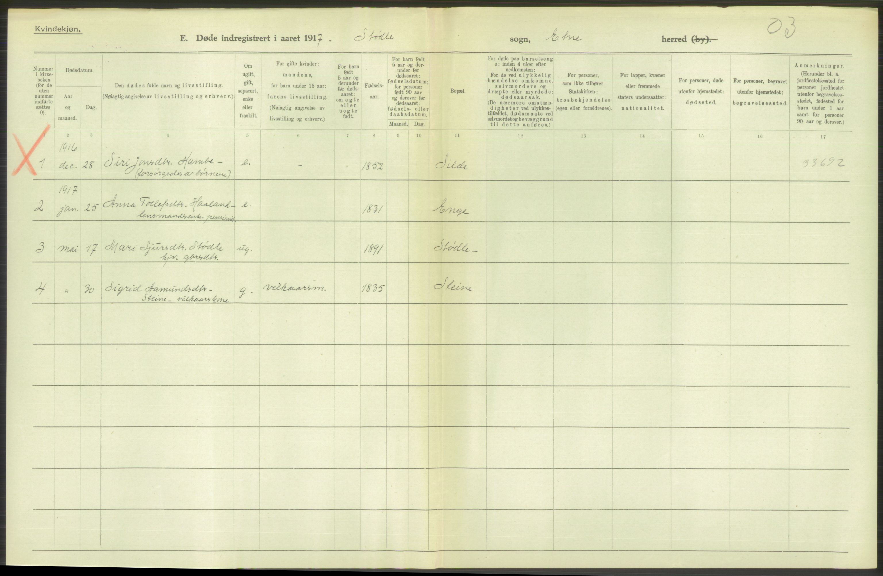 Statistisk sentralbyrå, Sosiodemografiske emner, Befolkning, RA/S-2228/D/Df/Dfb/Dfbg/L0036: S. Bergenhus amt: Døde, dødfødte. Bygder., 1917, p. 226