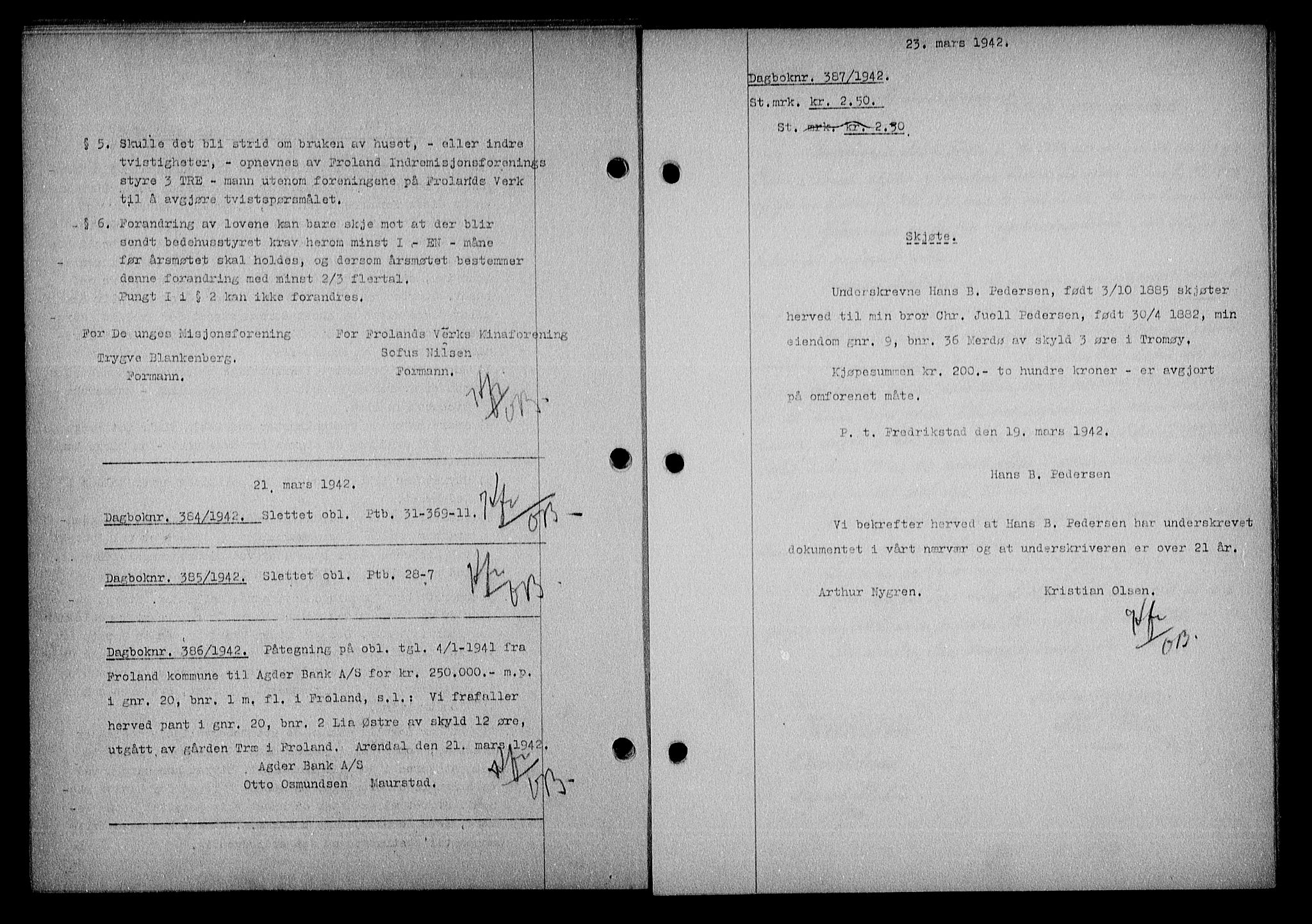 Nedenes sorenskriveri, SAK/1221-0006/G/Gb/Gba/L0049: Mortgage book no. A-III, 1941-1942, Diary no: : 387/1942