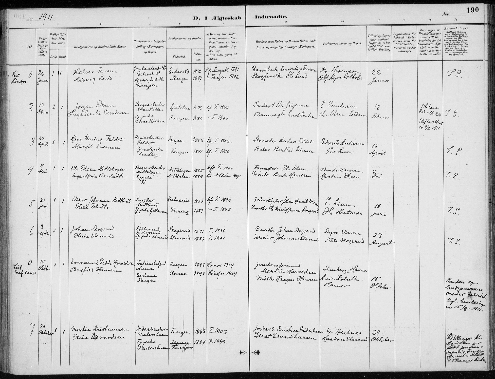 Stange prestekontor, SAH/PREST-002/K/L0023: Parish register (official) no. 23, 1897-1920, p. 190
