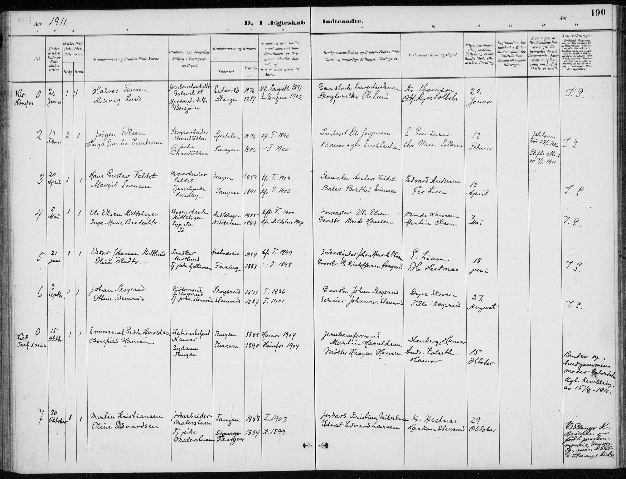 Stange prestekontor, AV/SAH-PREST-002/K/L0023: Parish register (official) no. 23, 1897-1920, p. 190