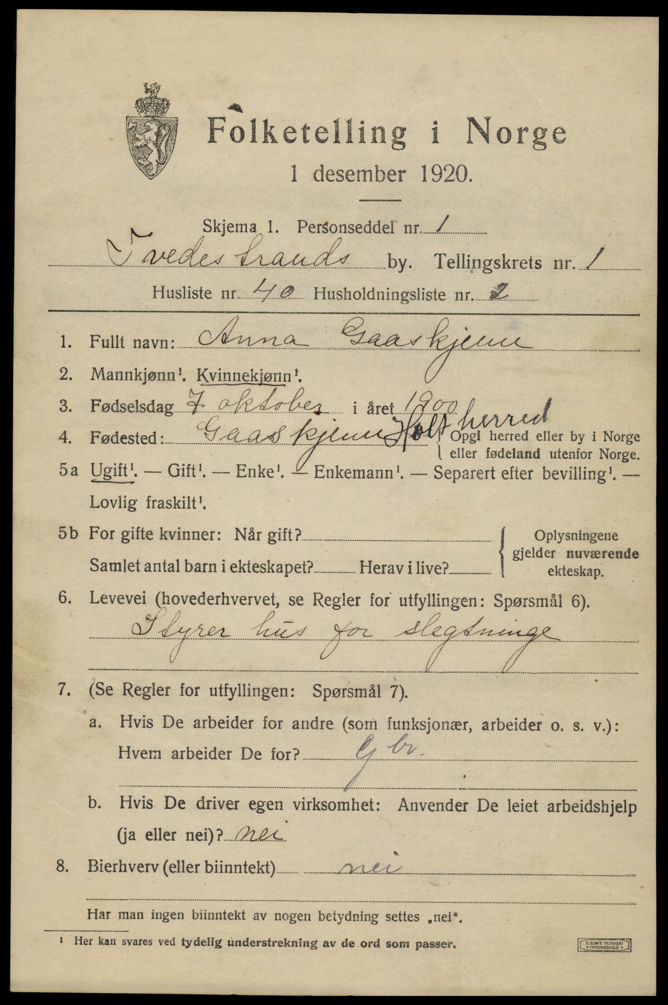 SAK, 1920 census for Tvedestrand, 1920, p. 1725