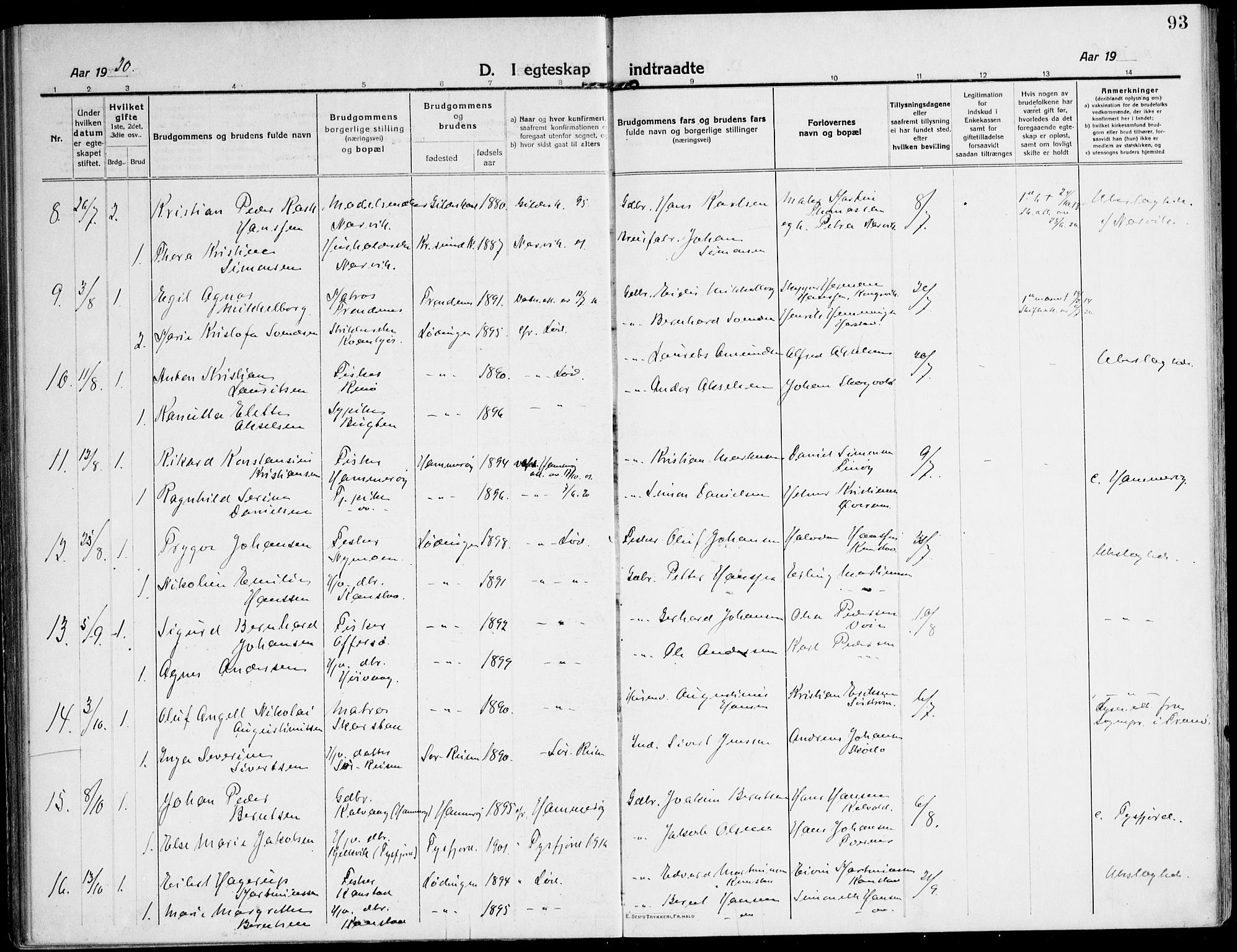 Ministerialprotokoller, klokkerbøker og fødselsregistre - Nordland, AV/SAT-A-1459/872/L1037: Parish register (official) no. 872A12, 1914-1925, p. 93