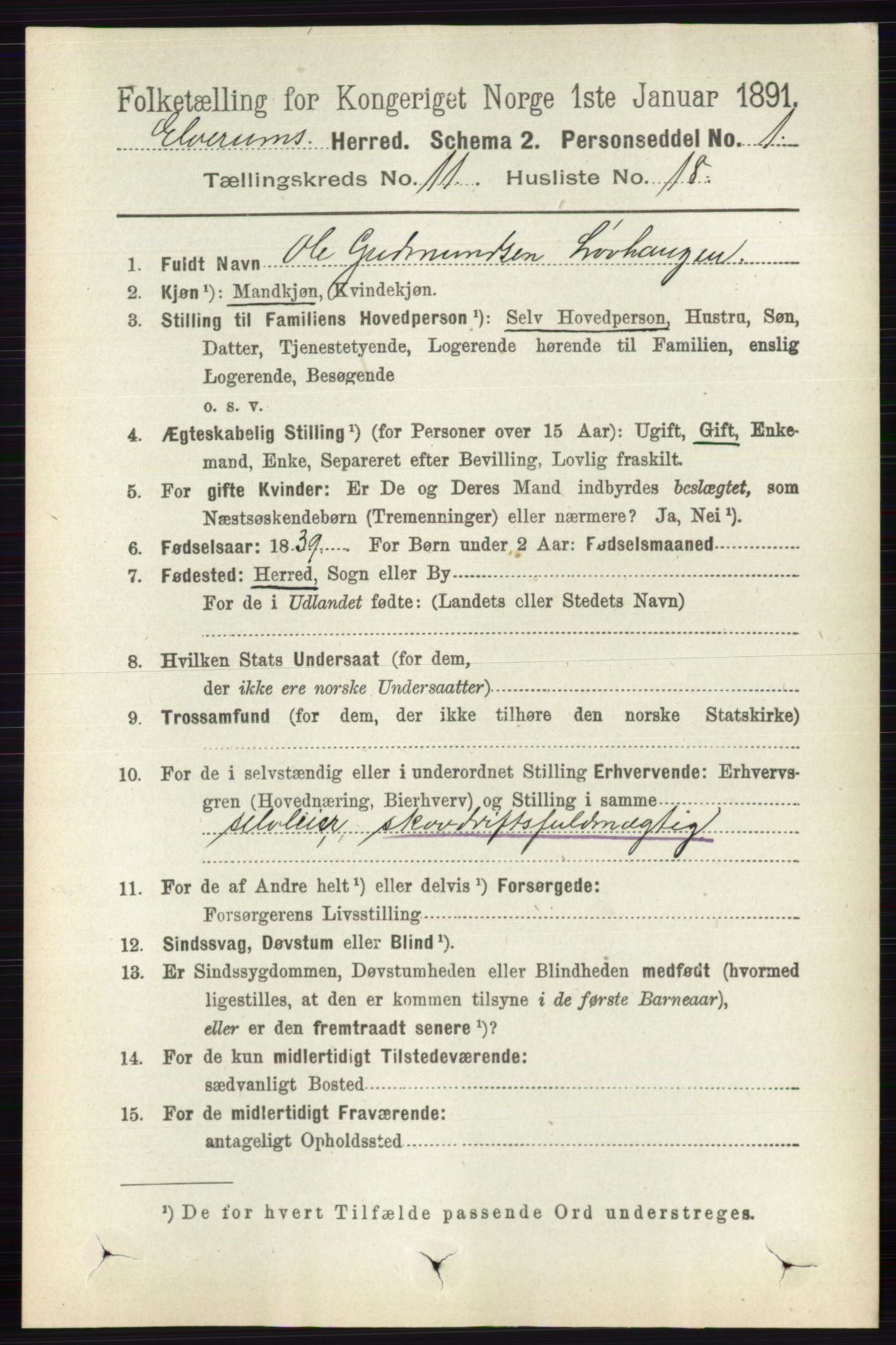 RA, 1891 census for 0427 Elverum, 1891, p. 9141