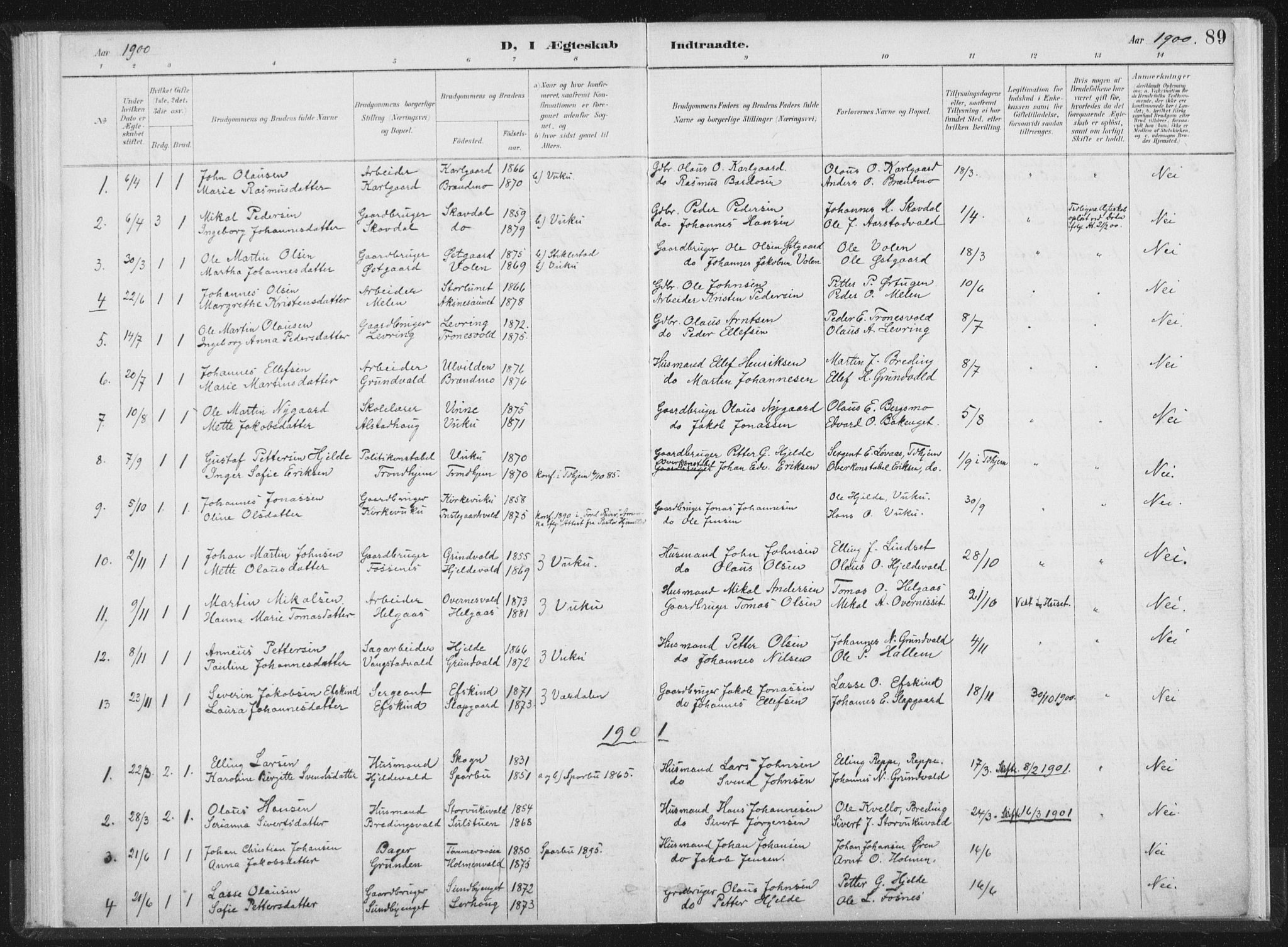 Ministerialprotokoller, klokkerbøker og fødselsregistre - Nord-Trøndelag, AV/SAT-A-1458/724/L0263: Parish register (official) no. 724A01, 1891-1907, p. 89