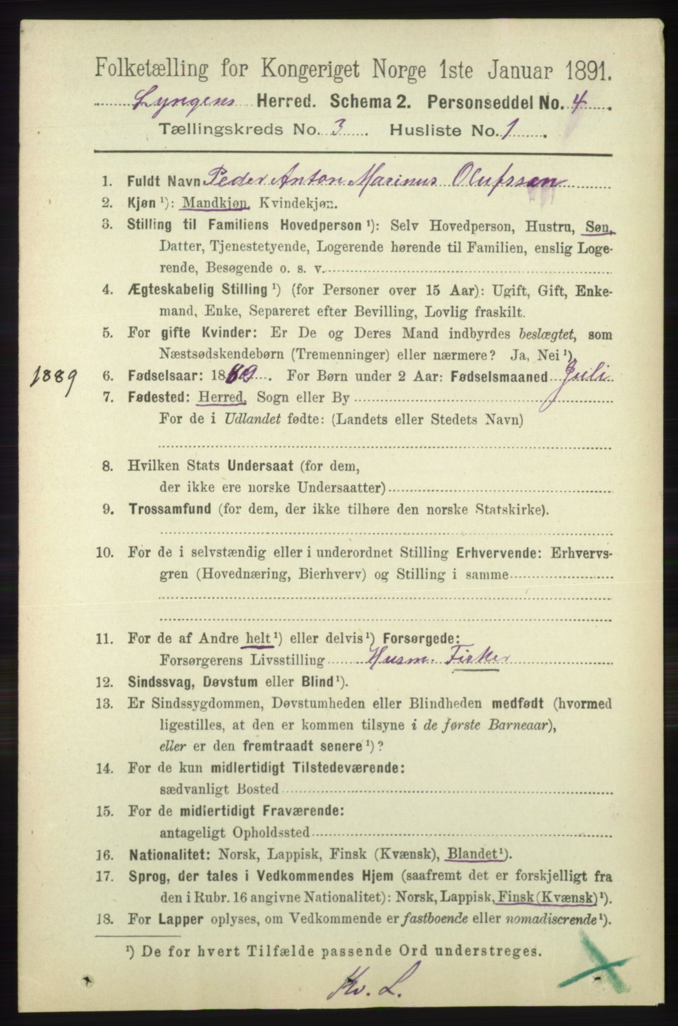 RA, 1891 census for 1938 Lyngen, 1891, p. 3140