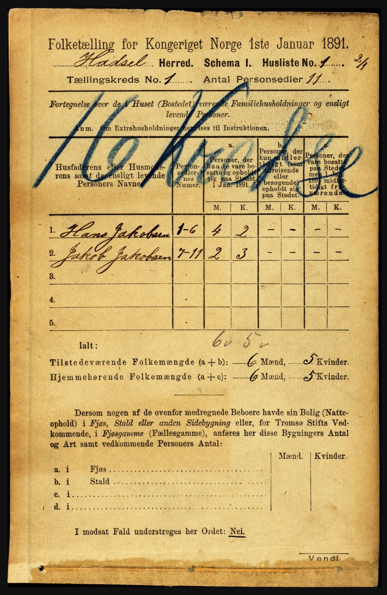 RA, 1891 census for 1866 Hadsel, 1891, p. 41