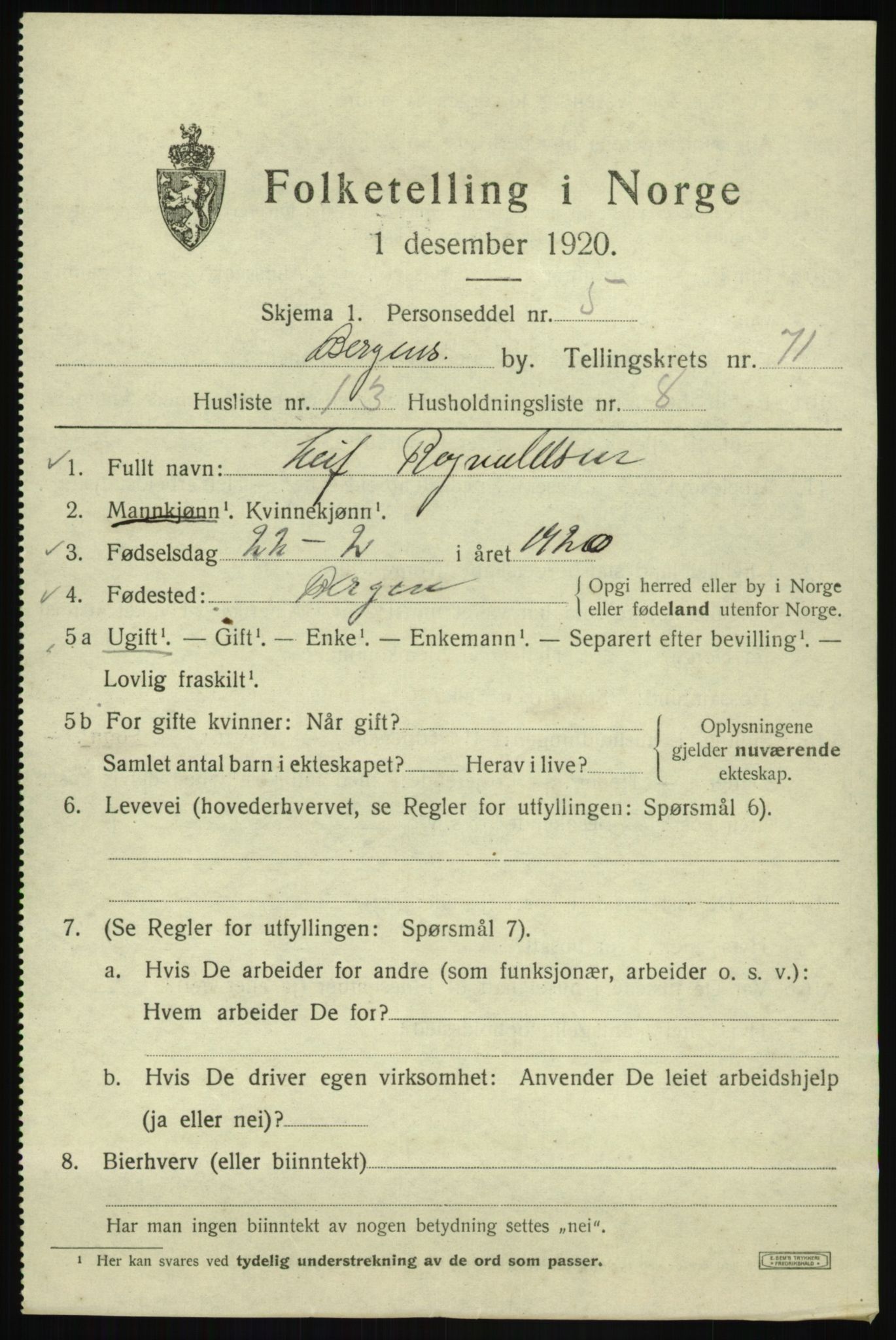 SAB, 1920 census for Bergen, 1920, p. 141034