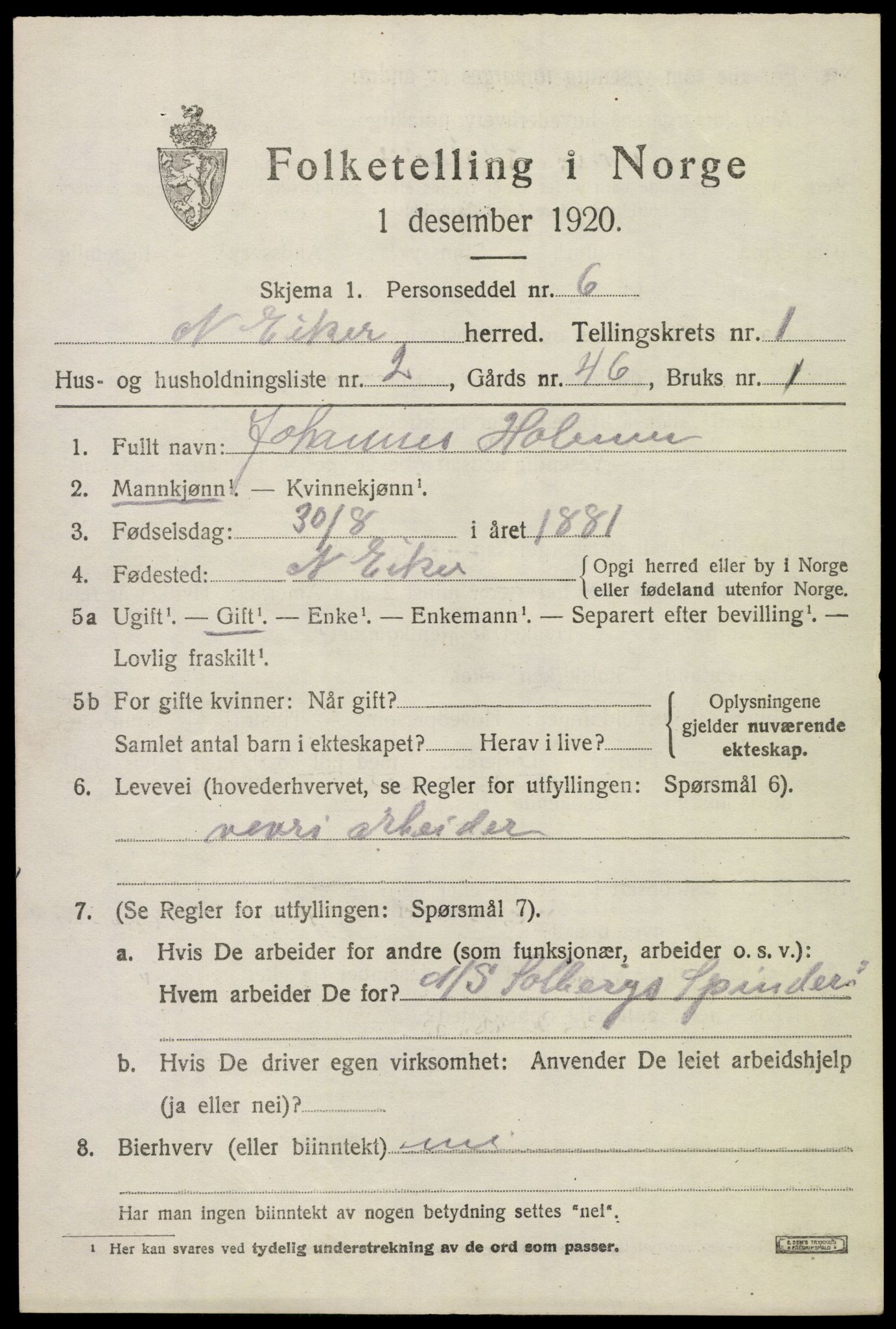 SAKO, 1920 census for Nedre Eiker, 1920, p. 2135