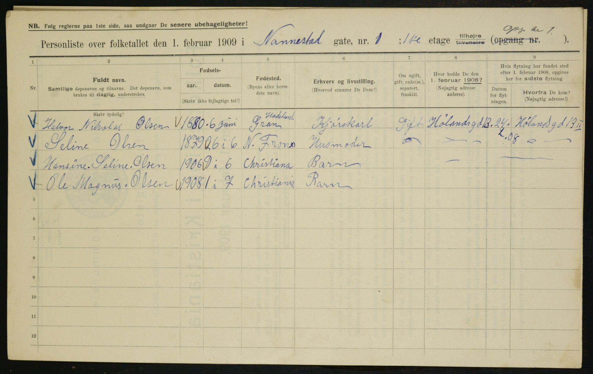 OBA, Municipal Census 1909 for Kristiania, 1909, p. 62563