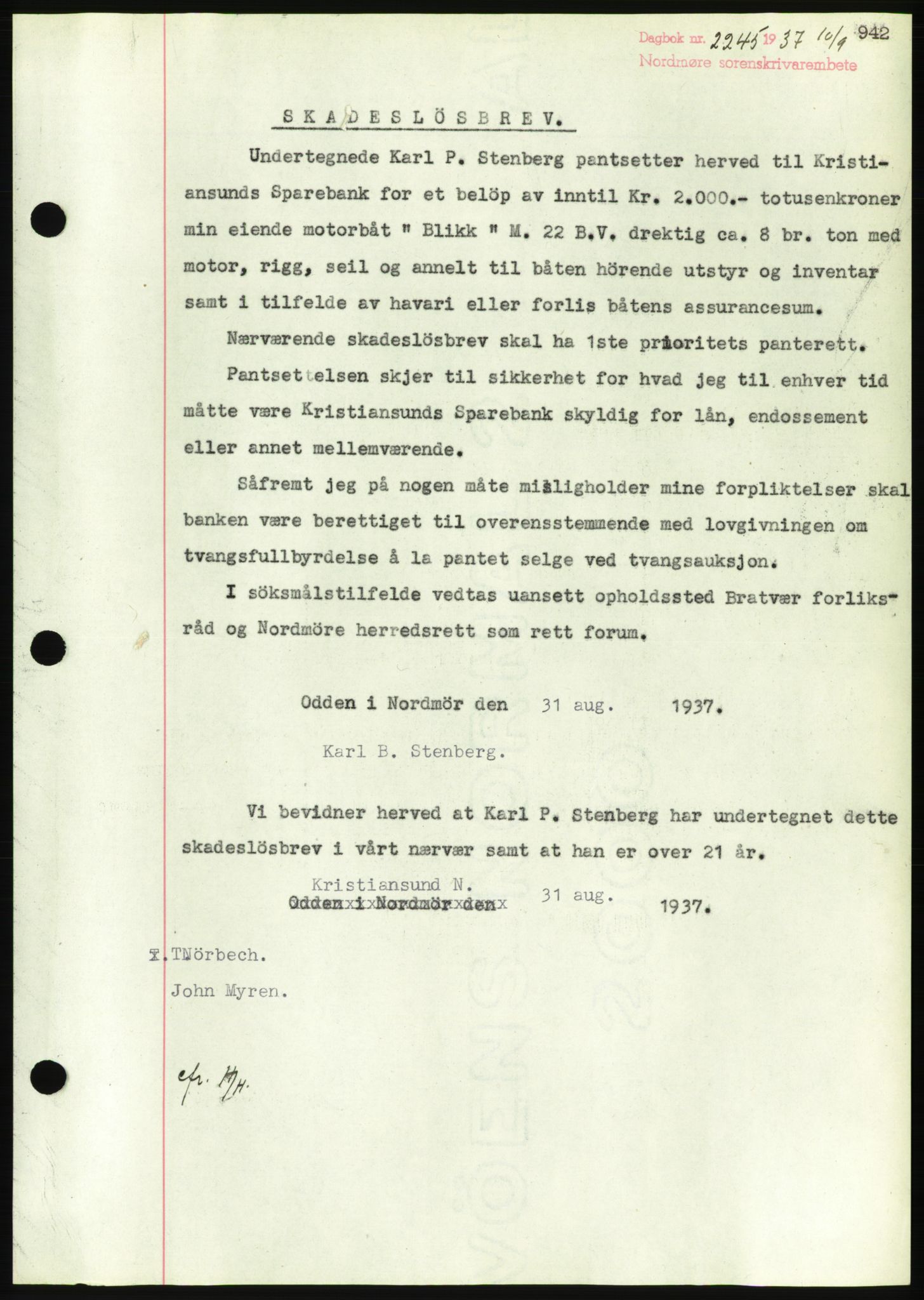 Nordmøre sorenskriveri, AV/SAT-A-4132/1/2/2Ca/L0091: Mortgage book no. B81, 1937-1937, Diary no: : 2245/1937