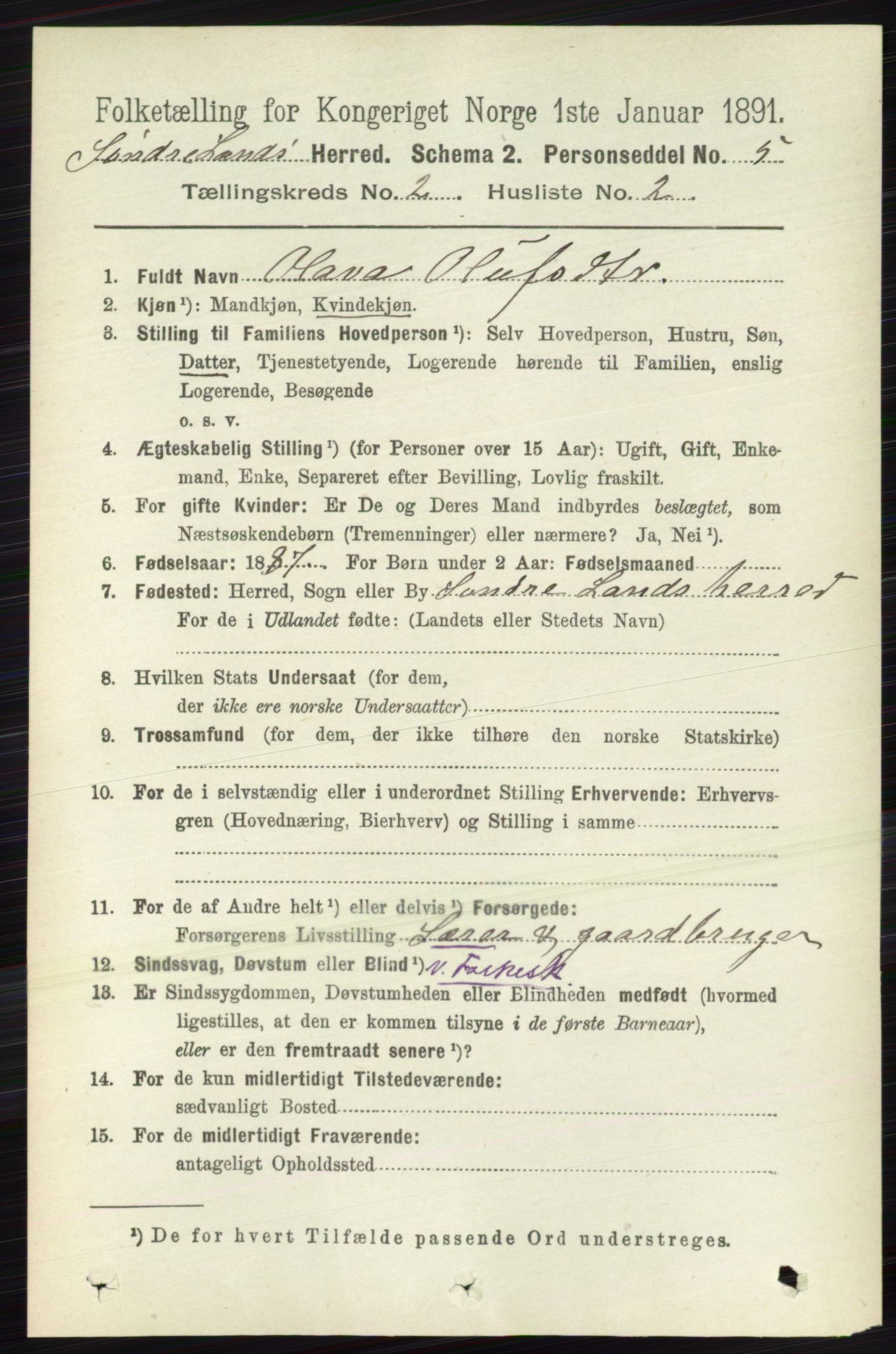 RA, 1891 census for 0536 Søndre Land, 1891, p. 1040