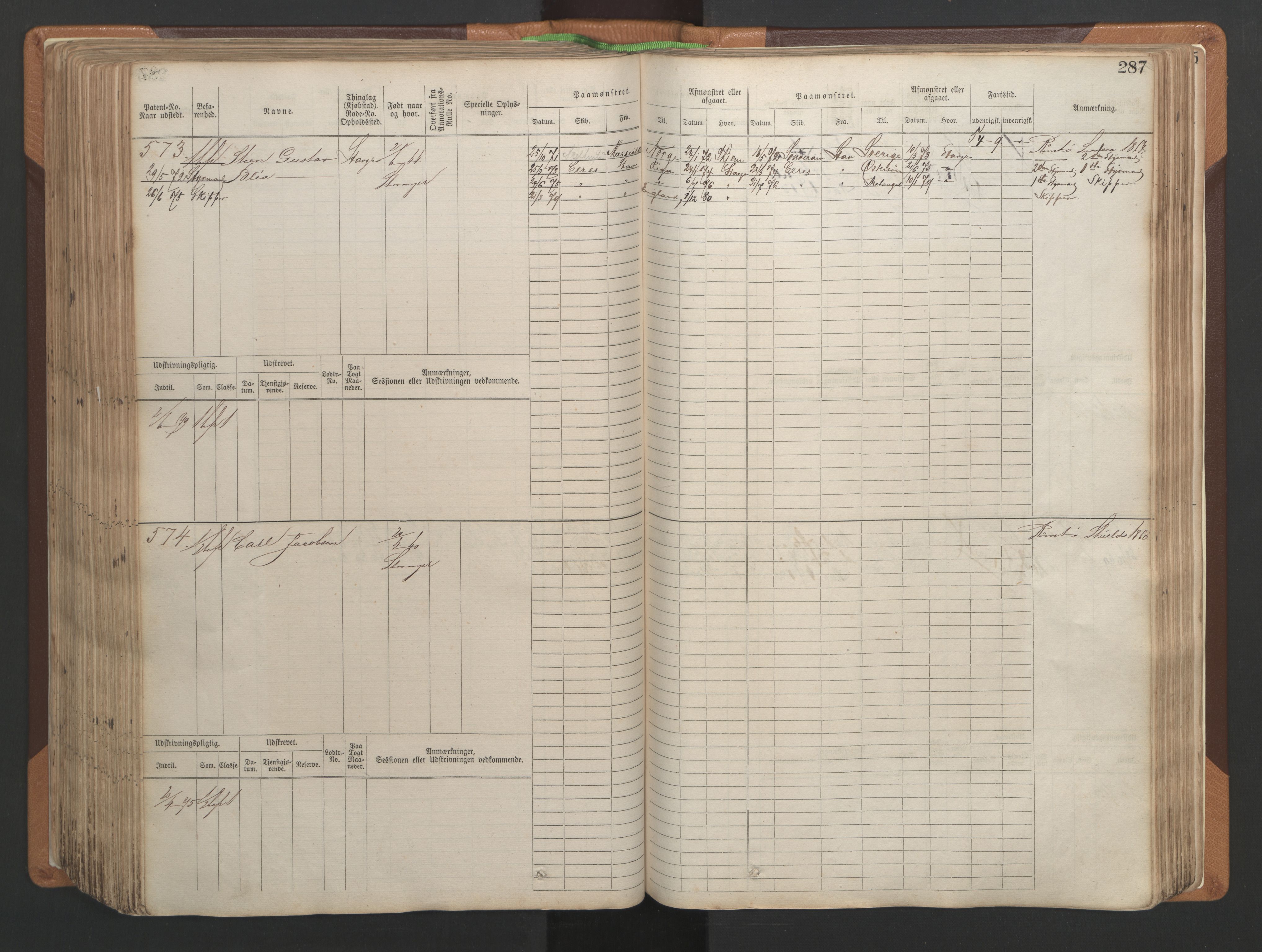 Stavanger sjømannskontor, AV/SAST-A-102006/F/Fb/Fbb/L0004: Sjøfartshovedrulle, patentnr. 1-792 (del 1), 1869-1880, p. 293