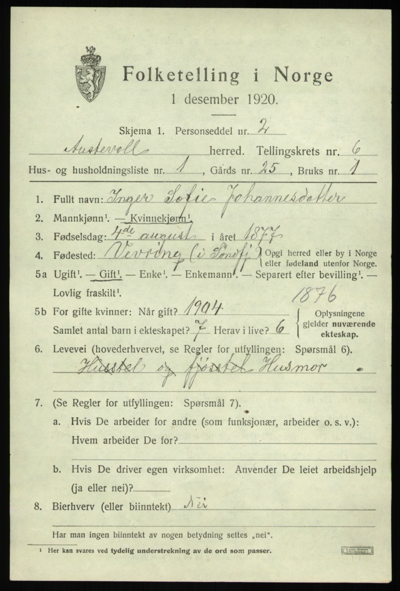 SAB, 1920 census for Austevoll, 1920, p. 3156