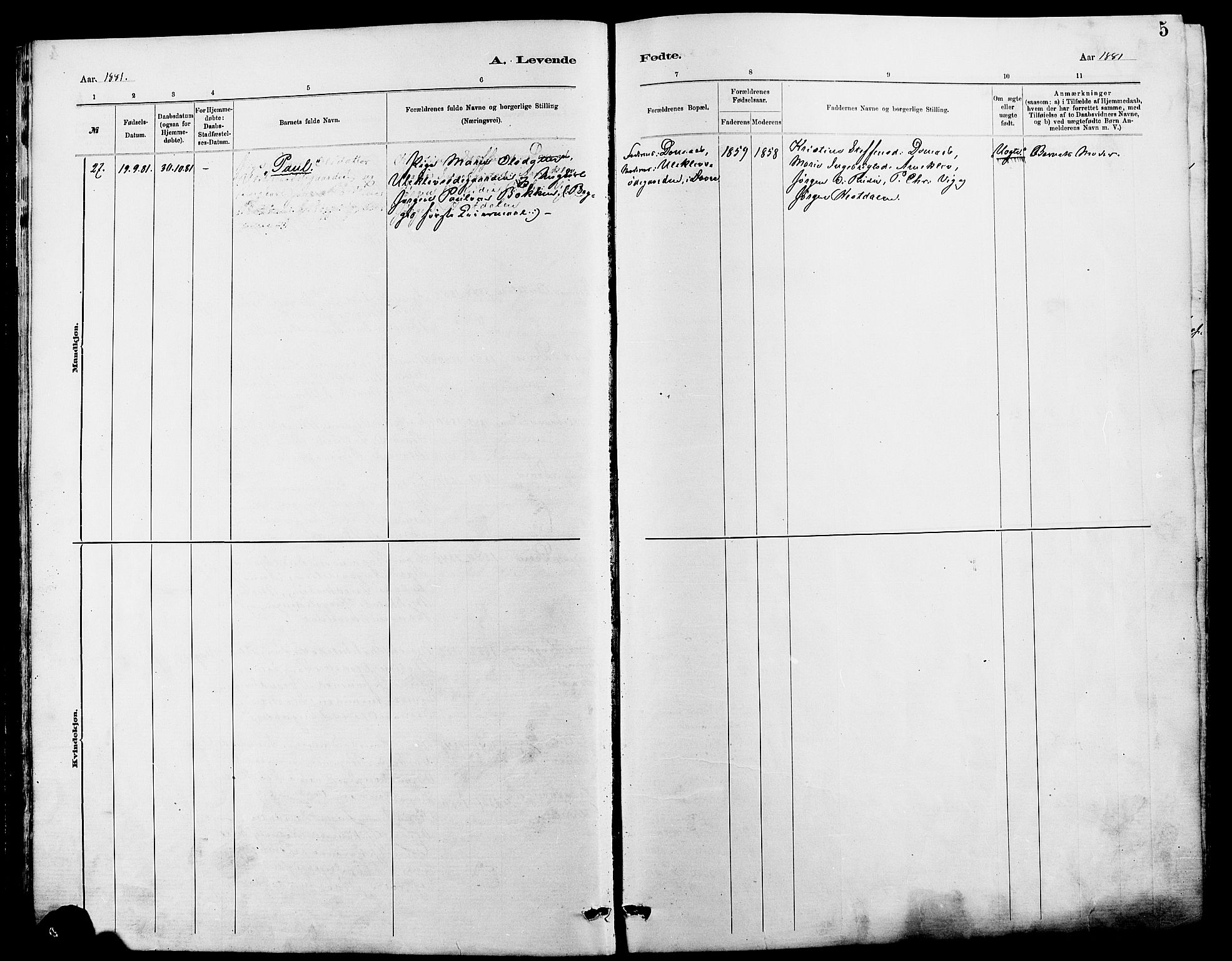 Dovre prestekontor, SAH/PREST-066/H/Ha/Hab/L0002: Parish register (copy) no. 2, 1881-1907, p. 5