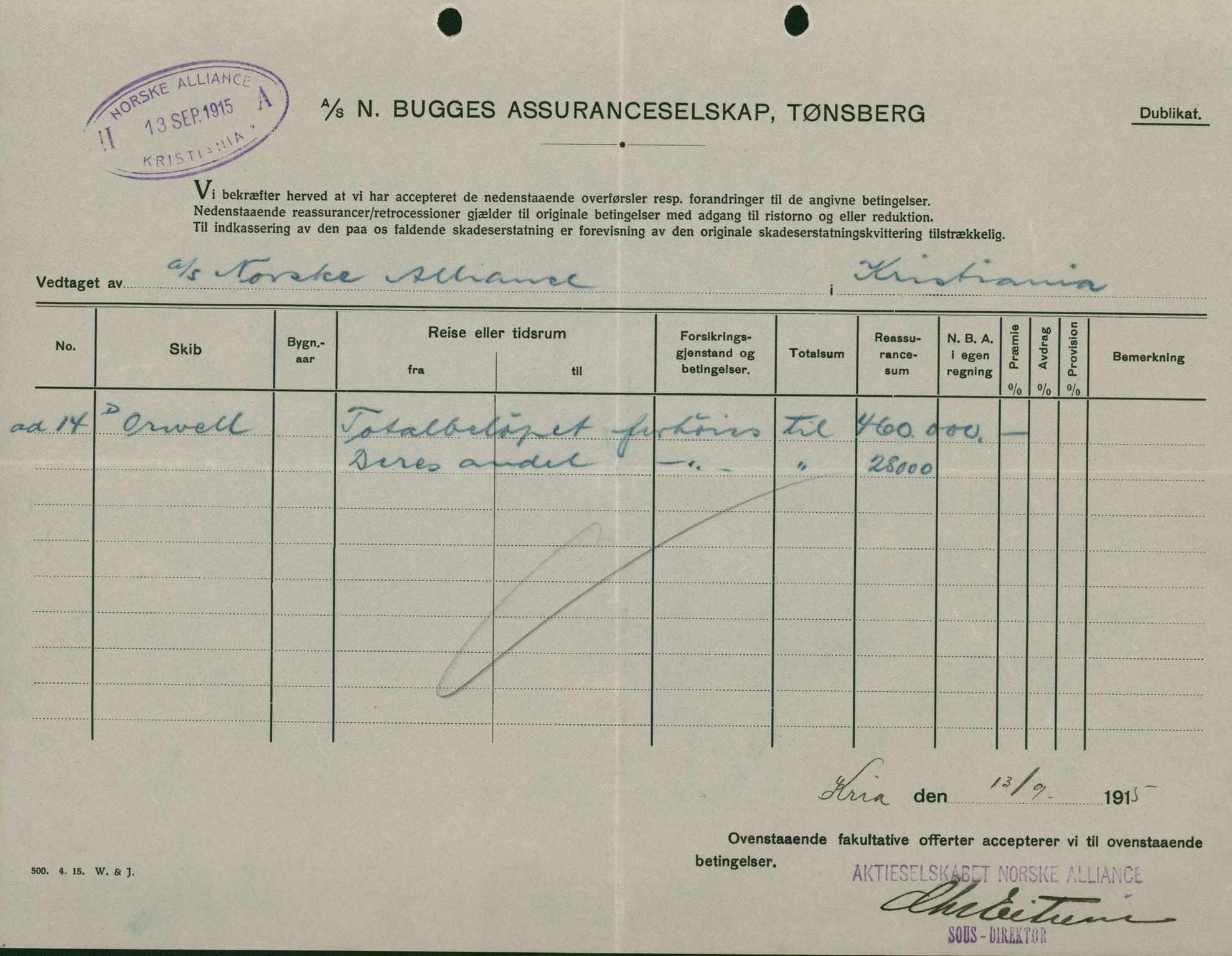 Pa 664 - Tønsberg Sjøforsikringsselskap, VEMU/A-1773/F/L0001: Forsikringspoliser, 1915-1918