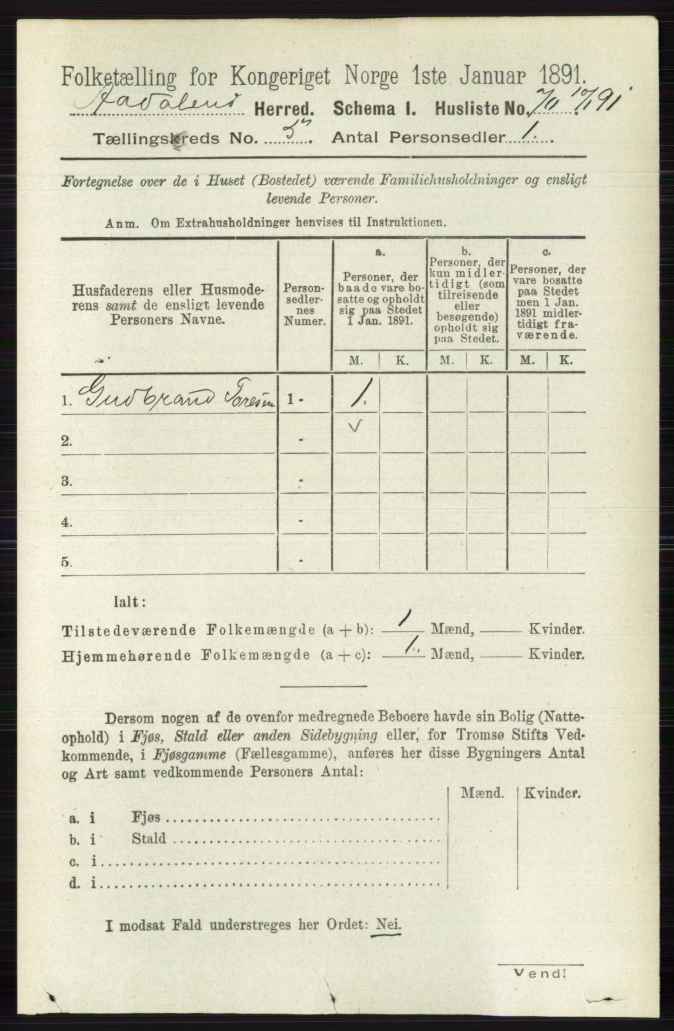 RA, 1891 census for 0614 Ådal, 1891, p. 1997