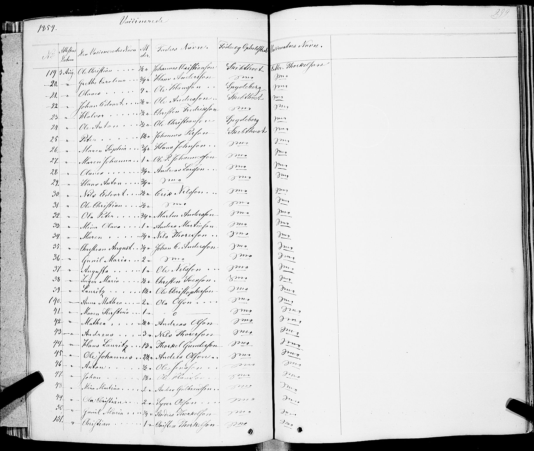 Skiptvet prestekontor Kirkebøker, AV/SAO-A-20009/F/Fa/L0006: Parish register (official) no. 6, 1839-1860, p. 299