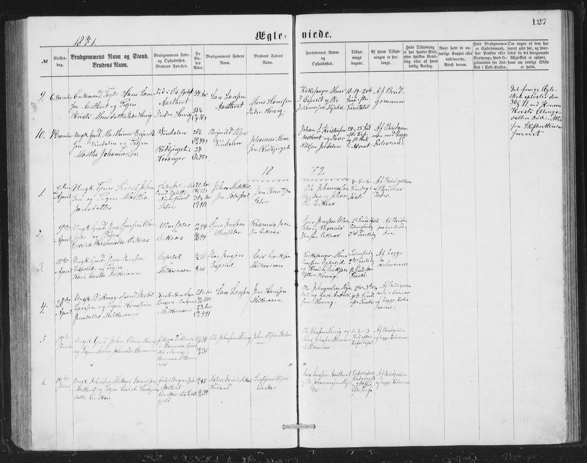 Åsane sokneprestembete, AV/SAB-A-79401/H/Hab: Parish register (copy) no. A 1, 1870-1884, p. 127