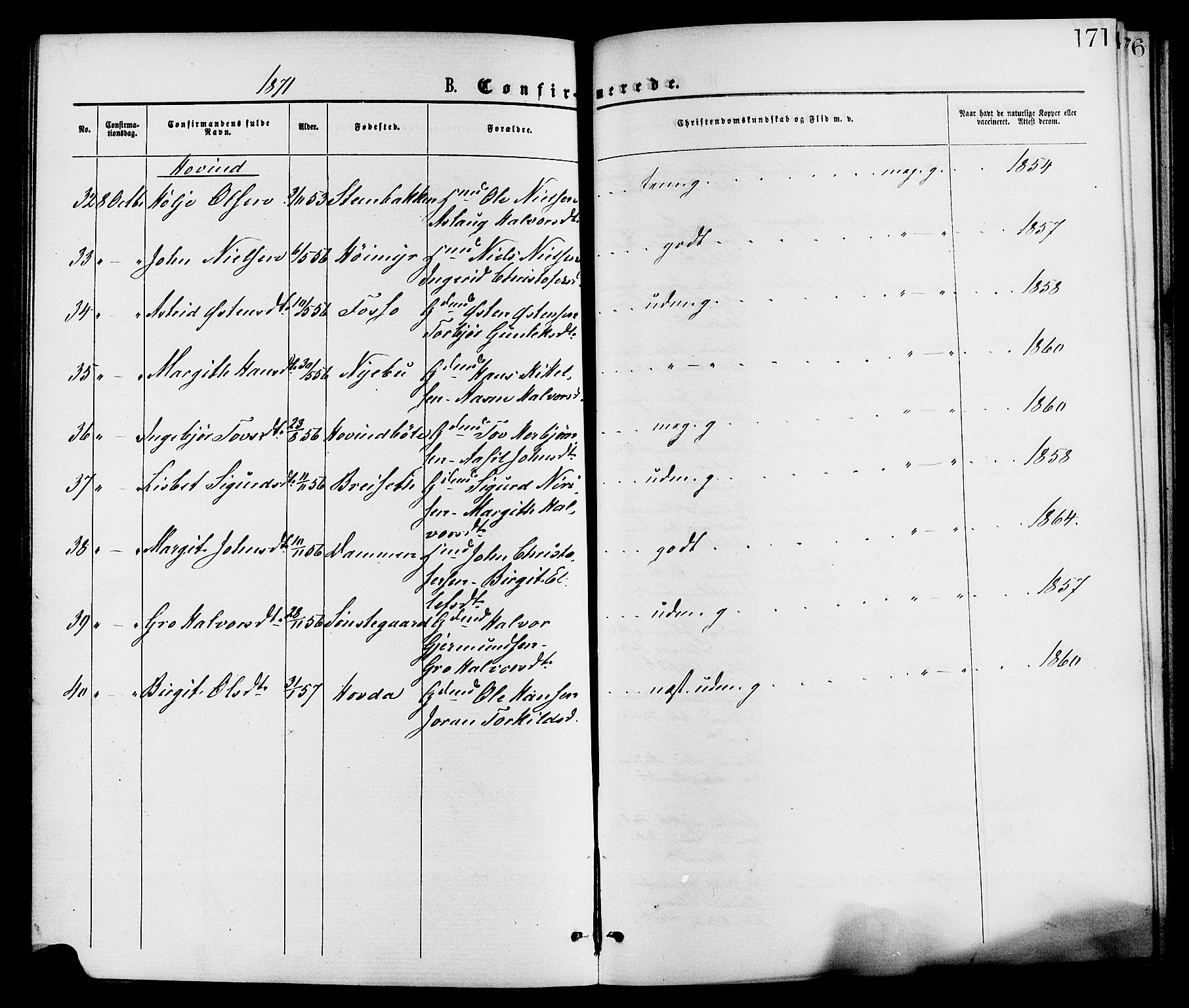 Gransherad kirkebøker, AV/SAKO-A-267/F/Fa/L0004: Parish register (official) no. I 4, 1871-1886, p. 171