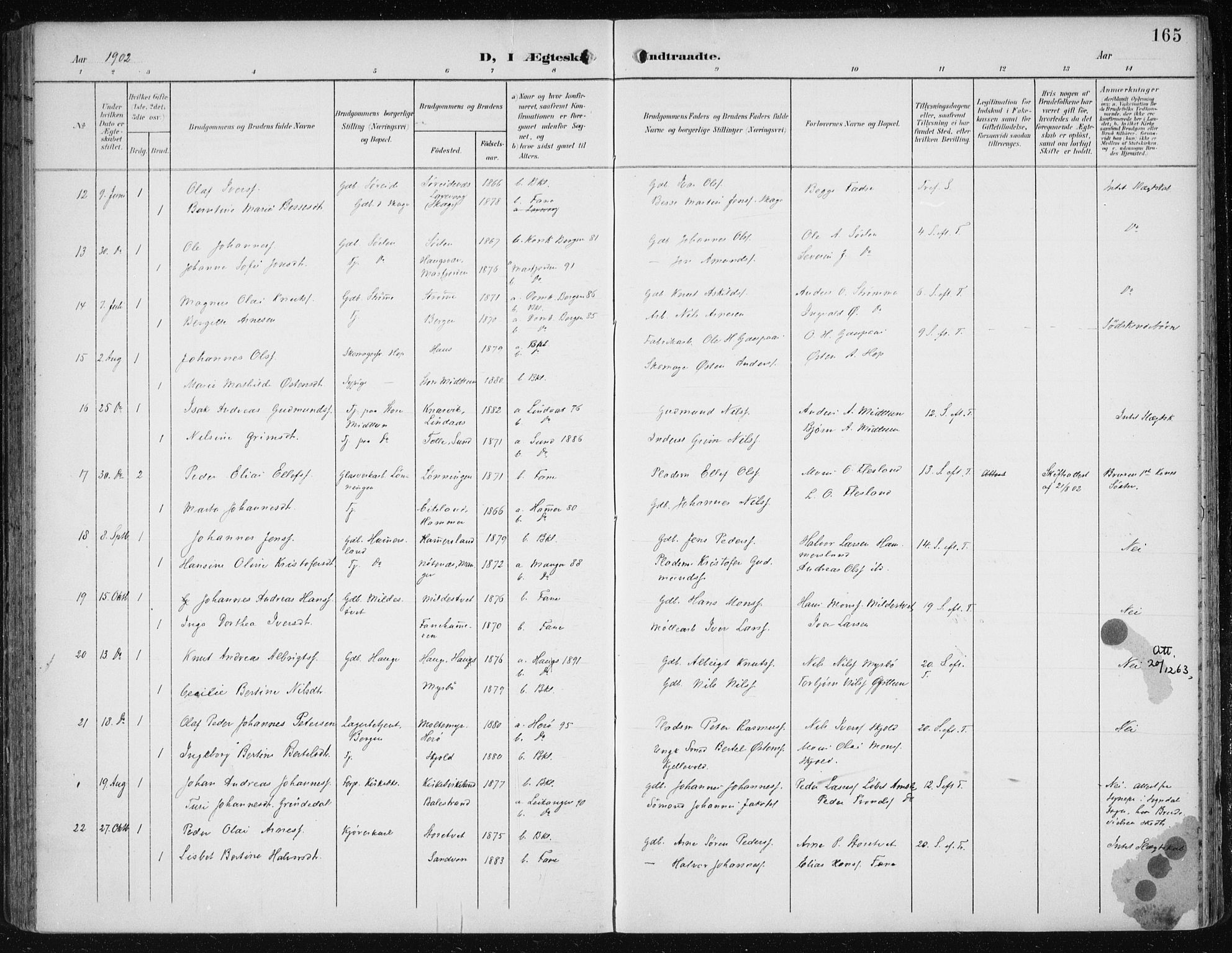 Fana Sokneprestembete, SAB/A-75101/H/Haa/Haai/L0003: Parish register (official) no. I 3, 1900-1912, p. 165