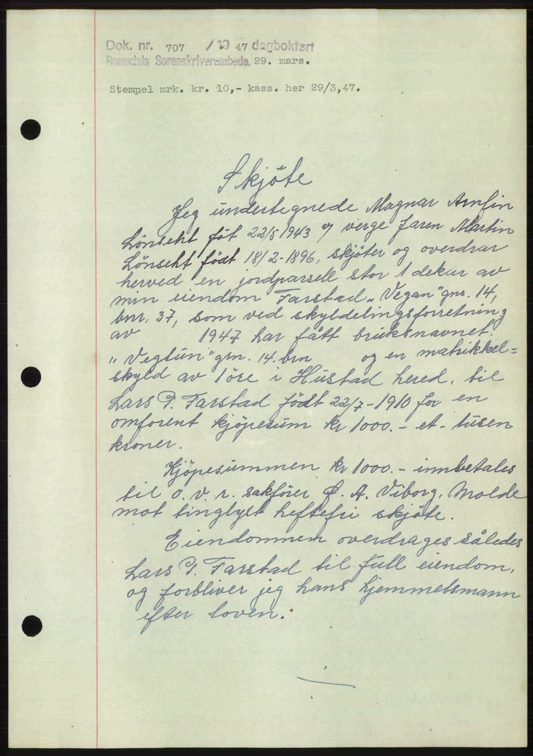 Romsdal sorenskriveri, AV/SAT-A-4149/1/2/2C: Mortgage book no. A22, 1947-1947, Diary no: : 707/1947