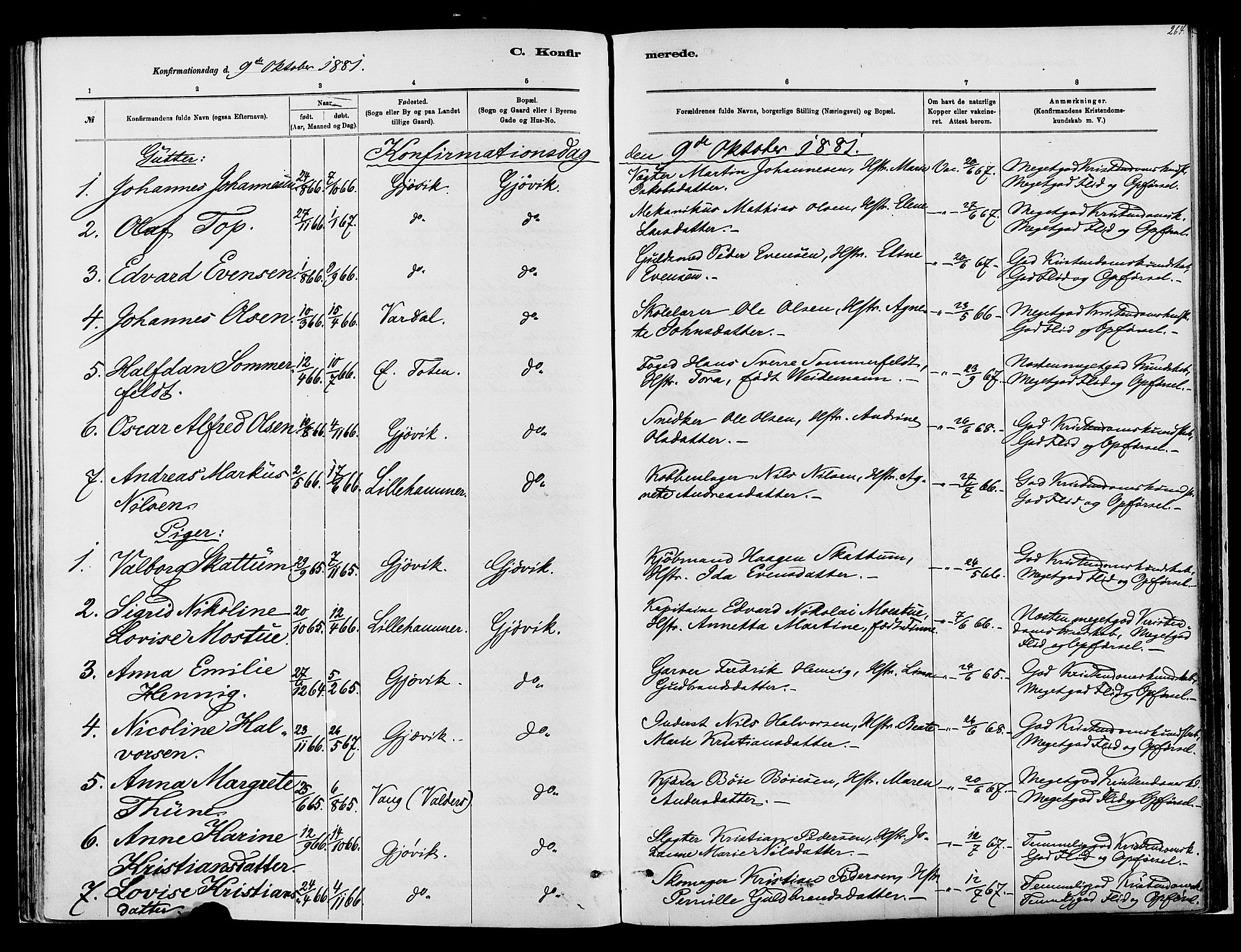 Vardal prestekontor, SAH/PREST-100/H/Ha/Haa/L0008: Parish register (official) no. 8, 1878-1890, p. 264