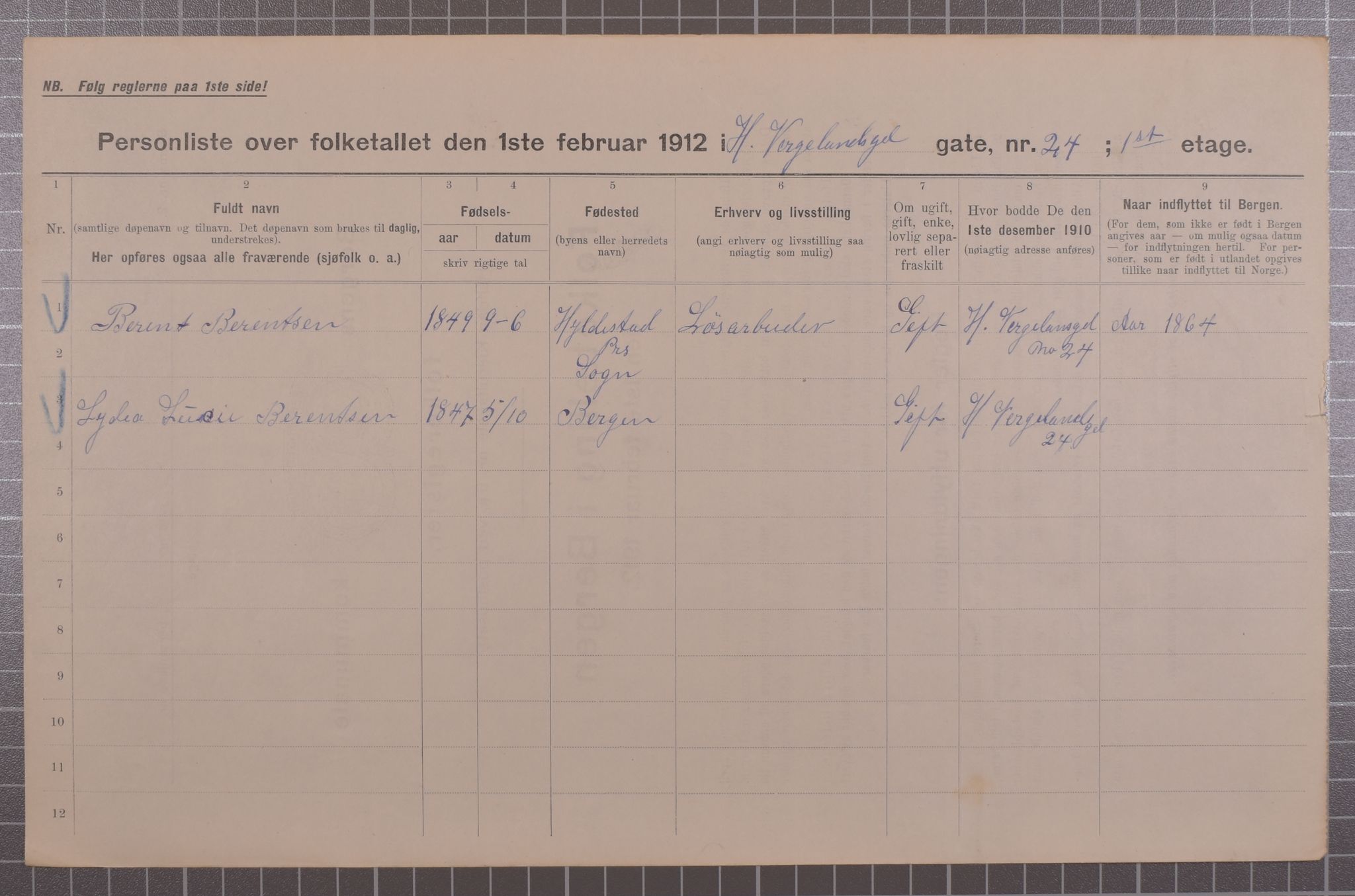 SAB, Municipal Census 1912 for Bergen, 1912, p. 2885