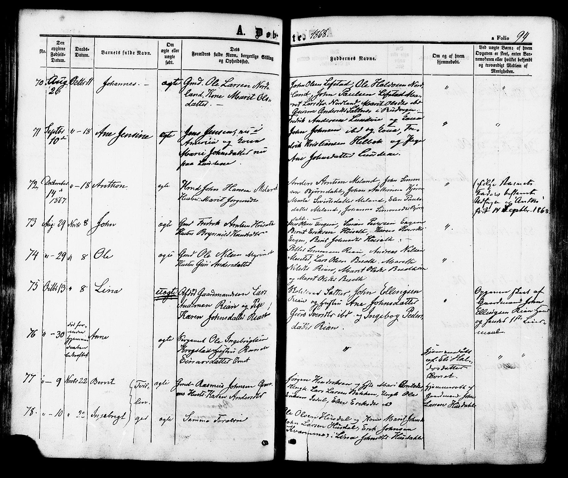 Ministerialprotokoller, klokkerbøker og fødselsregistre - Sør-Trøndelag, SAT/A-1456/665/L0772: Parish register (official) no. 665A07, 1856-1878, p. 94