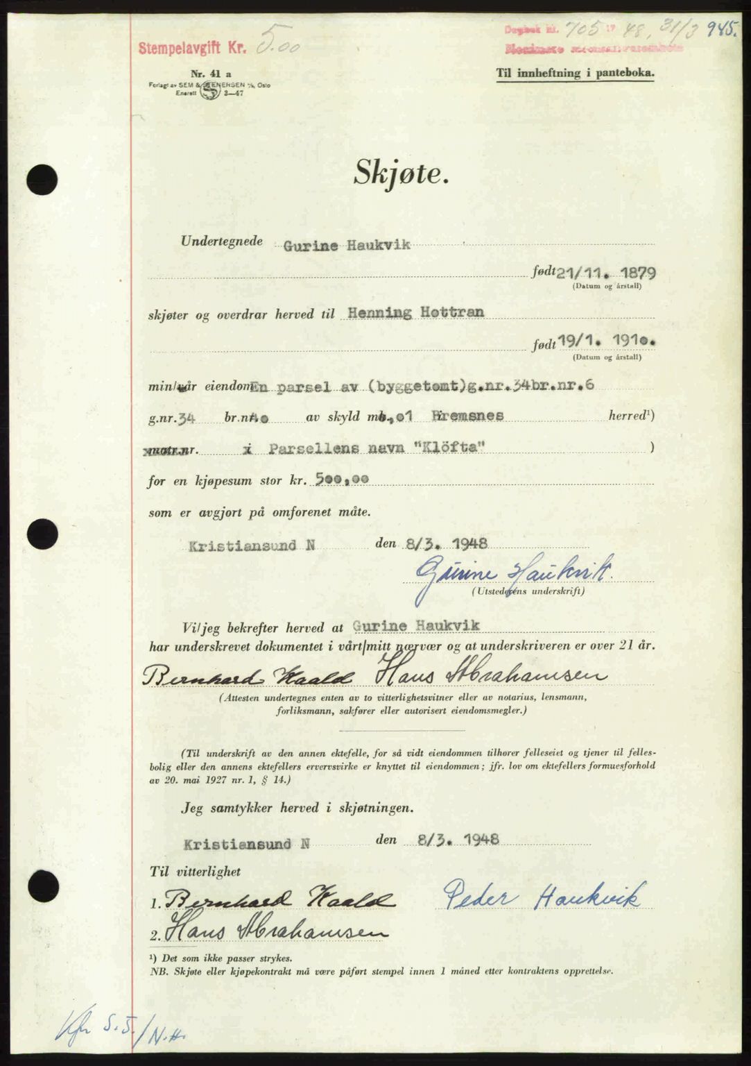 Nordmøre sorenskriveri, AV/SAT-A-4132/1/2/2Ca: Mortgage book no. A107, 1947-1948, Diary no: : 705/1948