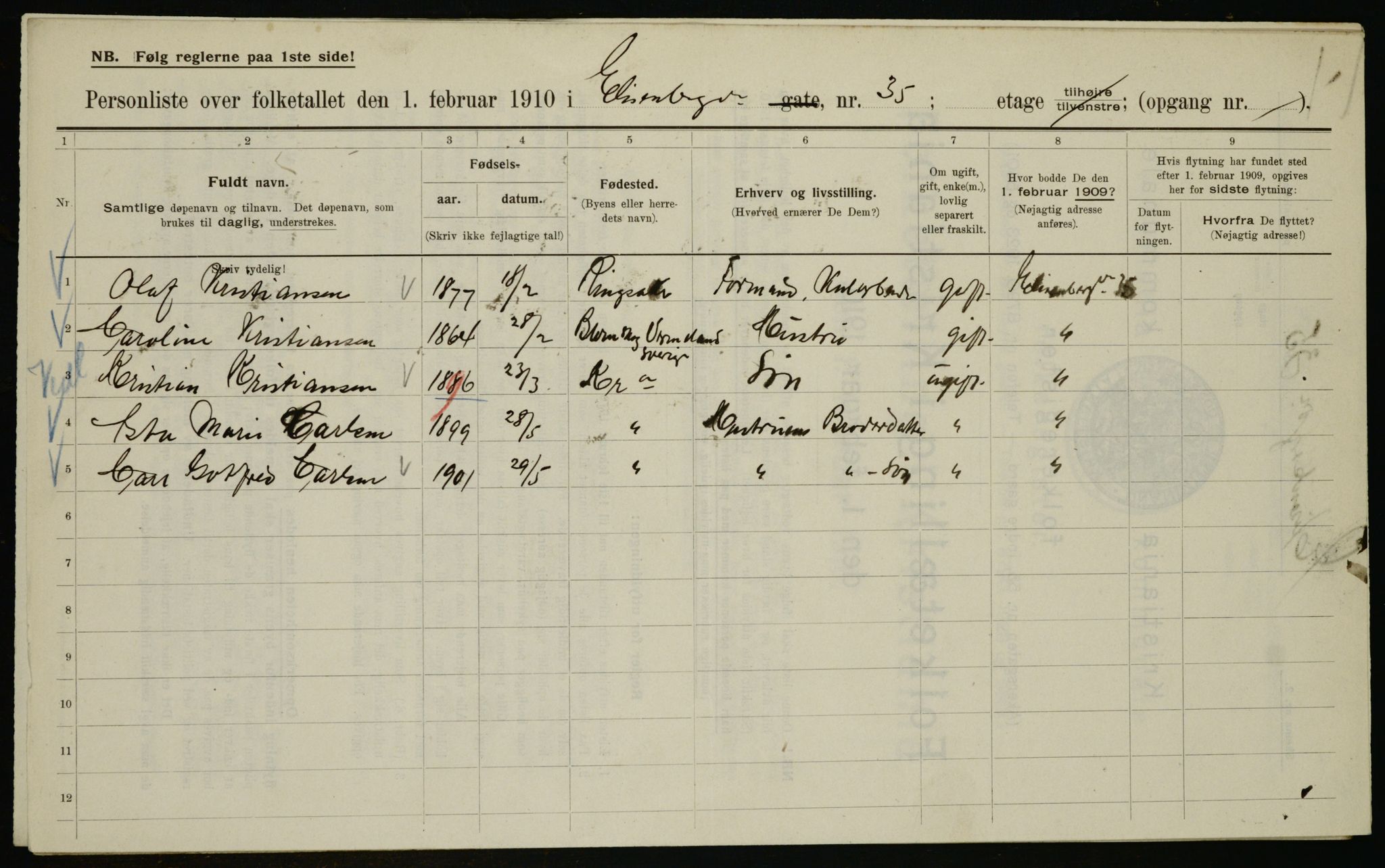 OBA, Municipal Census 1910 for Kristiania, 1910, p. 19074